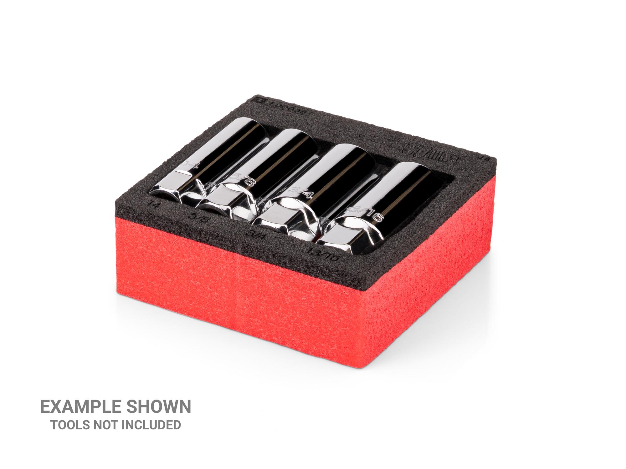 Angled view of black Tekton 3/8 inch drive spark plug socket set foam organizer. F00038KR