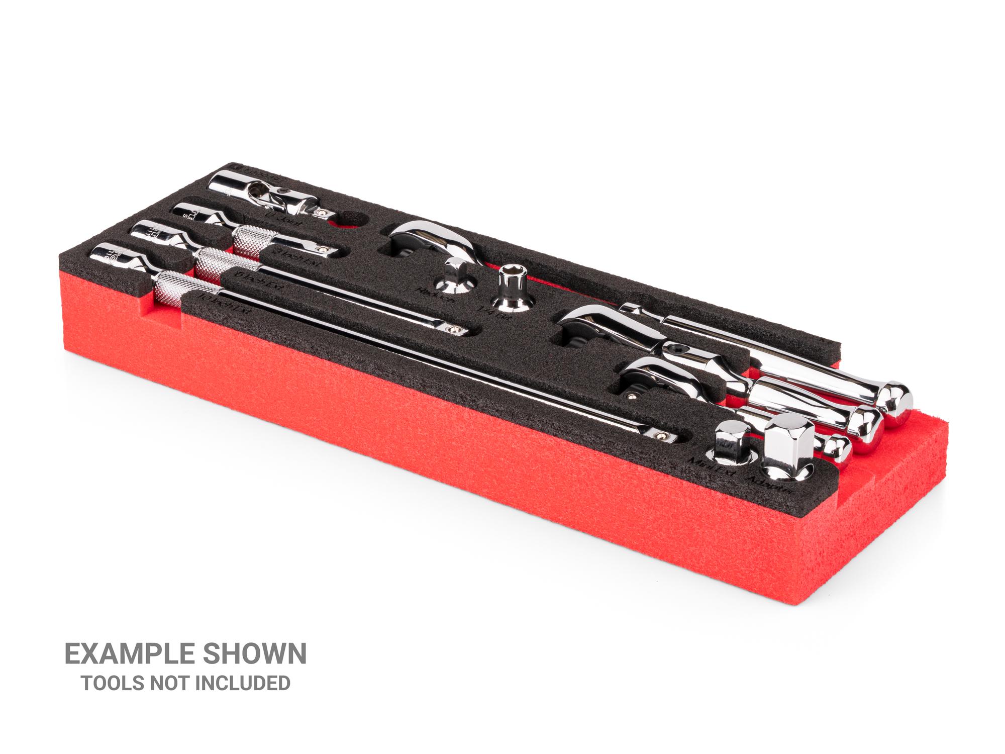 Angled view of black Tekton 3/8 inch ratchet and accessories set foam organizer. Example image; tools not included. F00039KR