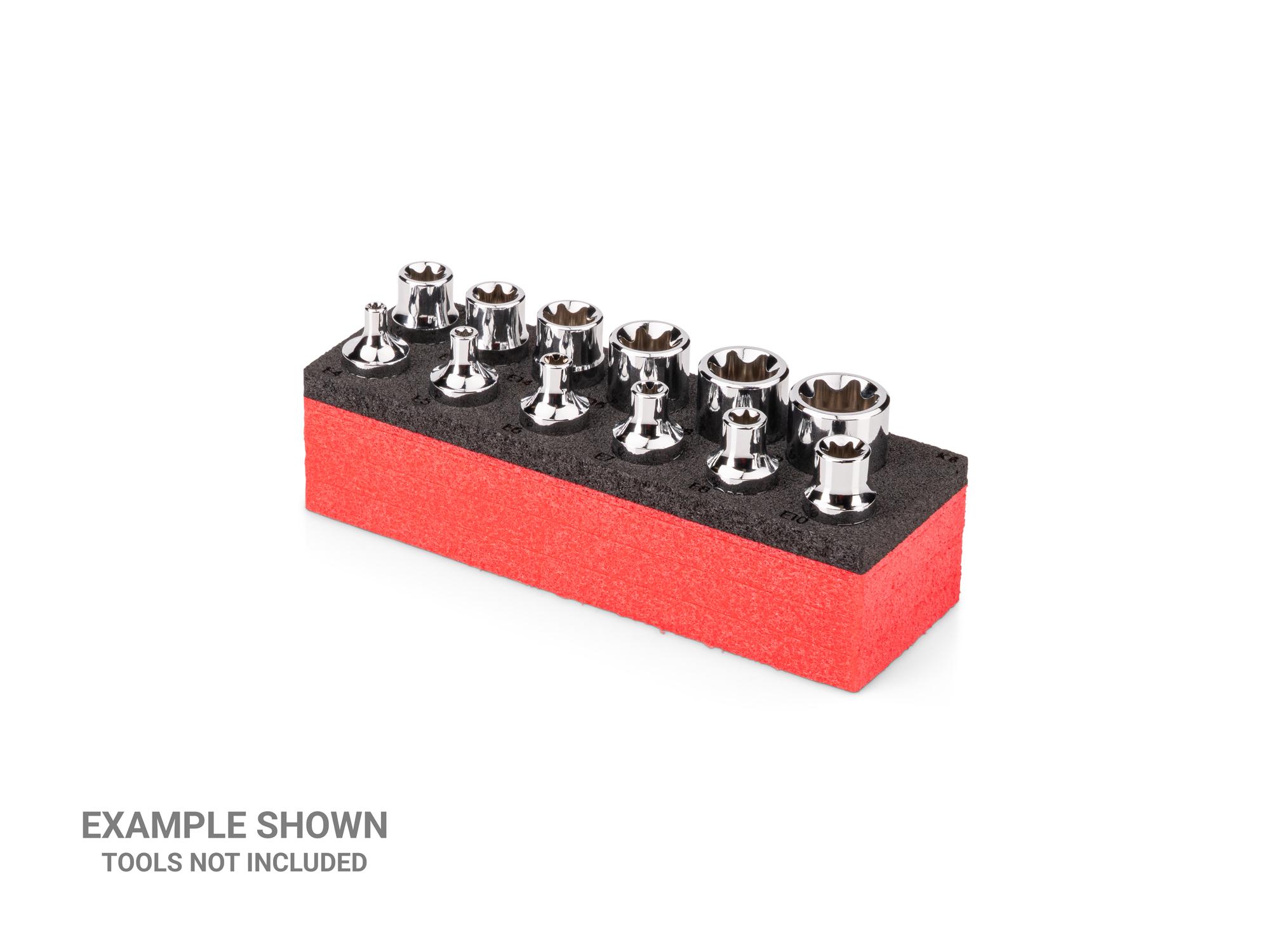 Angled view of black Tekton 3/8 inch external star socket set foam organizer. F00040KR