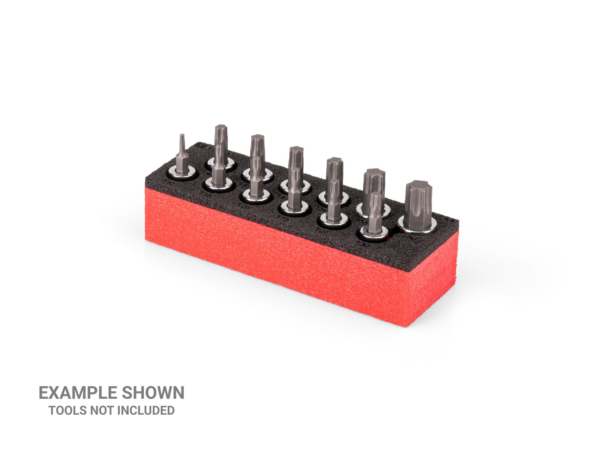 Angled view of black Tekton 3/8 inch Torx bit socket set foam organizer. Example image; tools not included. F00041KR