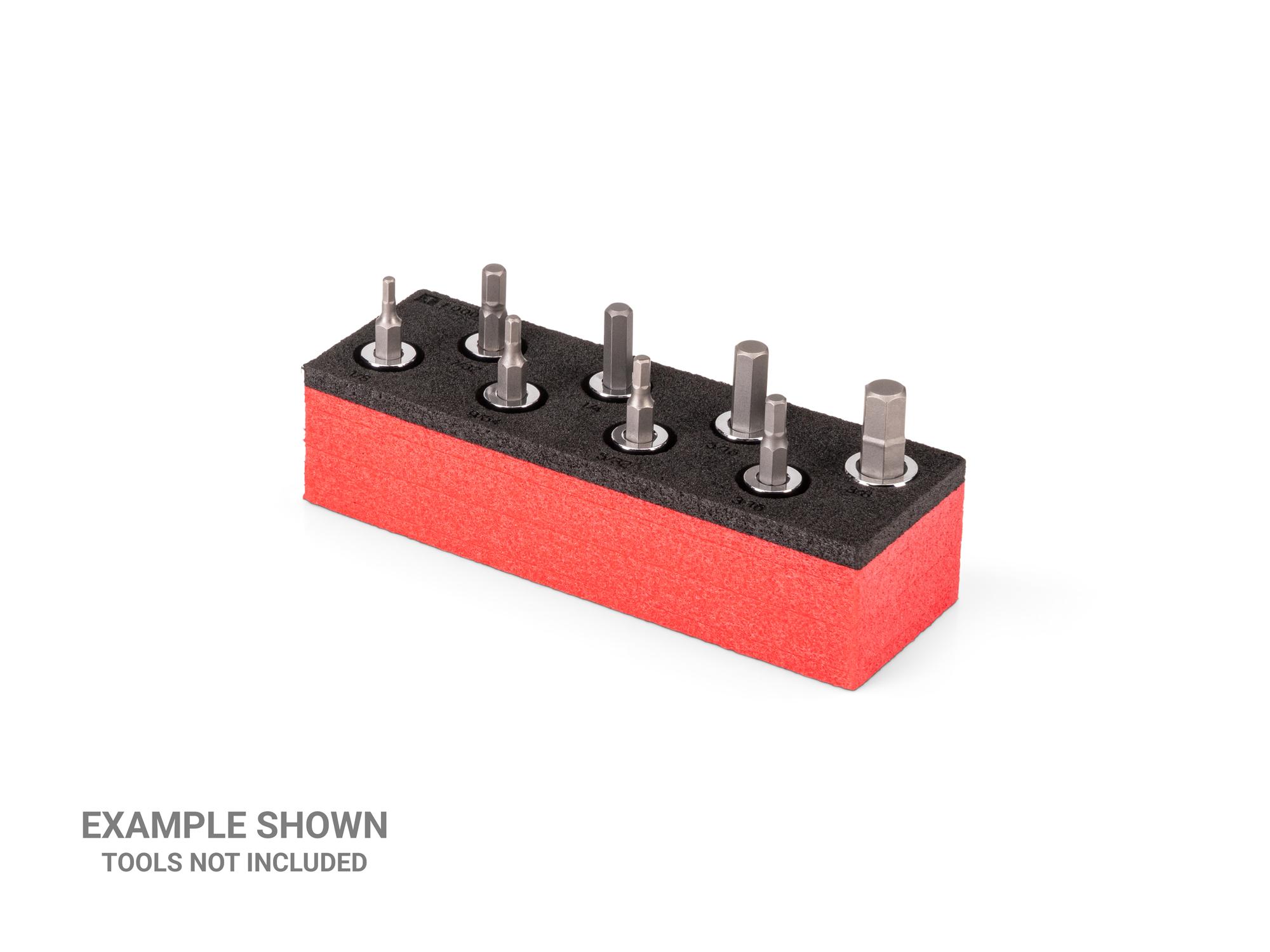 Angled view of black Tekton 3/8 inch hex bit socket set foam organizer. Example image; tools not included. F00042KR