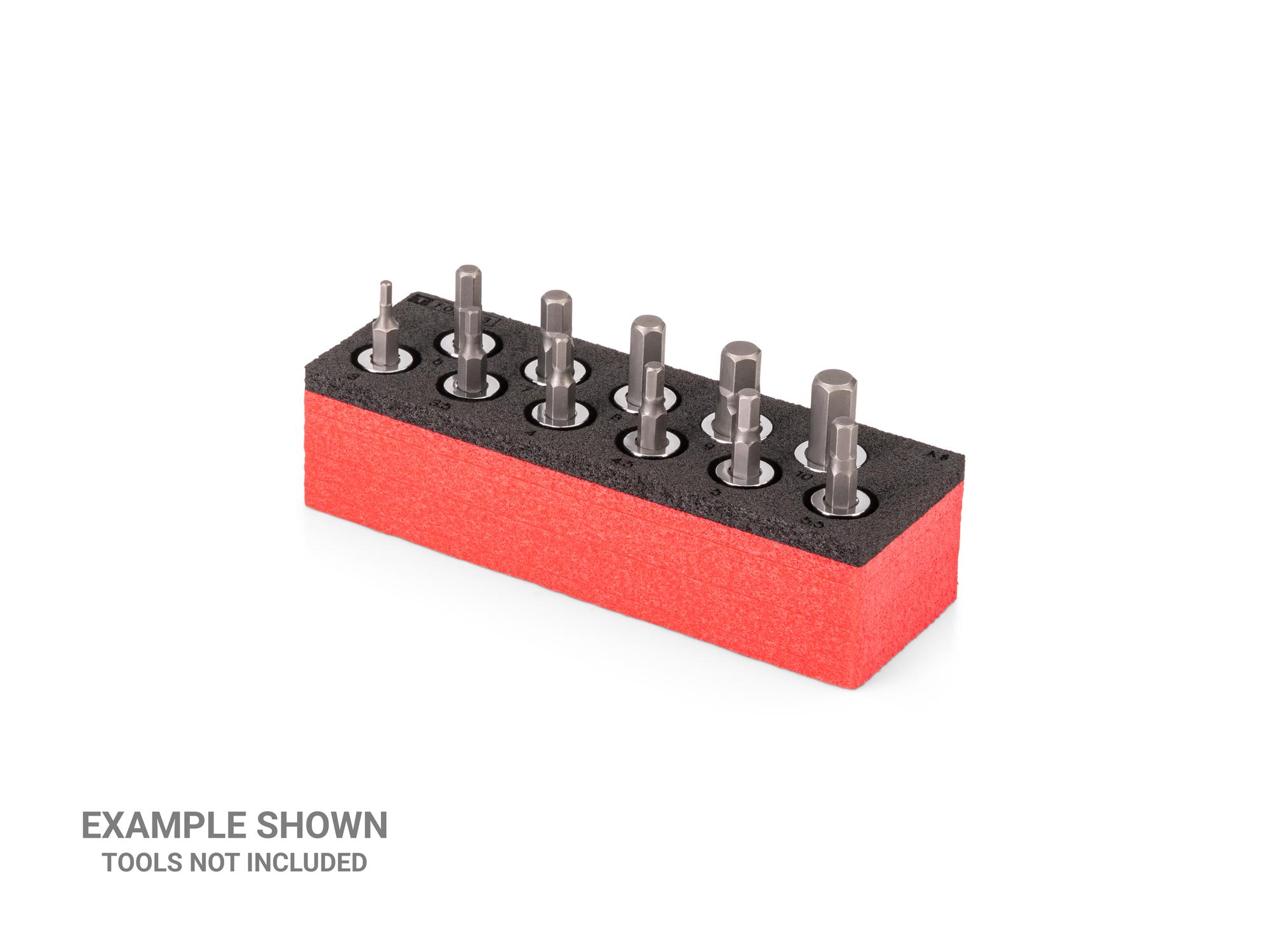 Angled view of black Tekton 3/8 inch hex bit socket set foam organizer. Example image; tools not included. F00043KR