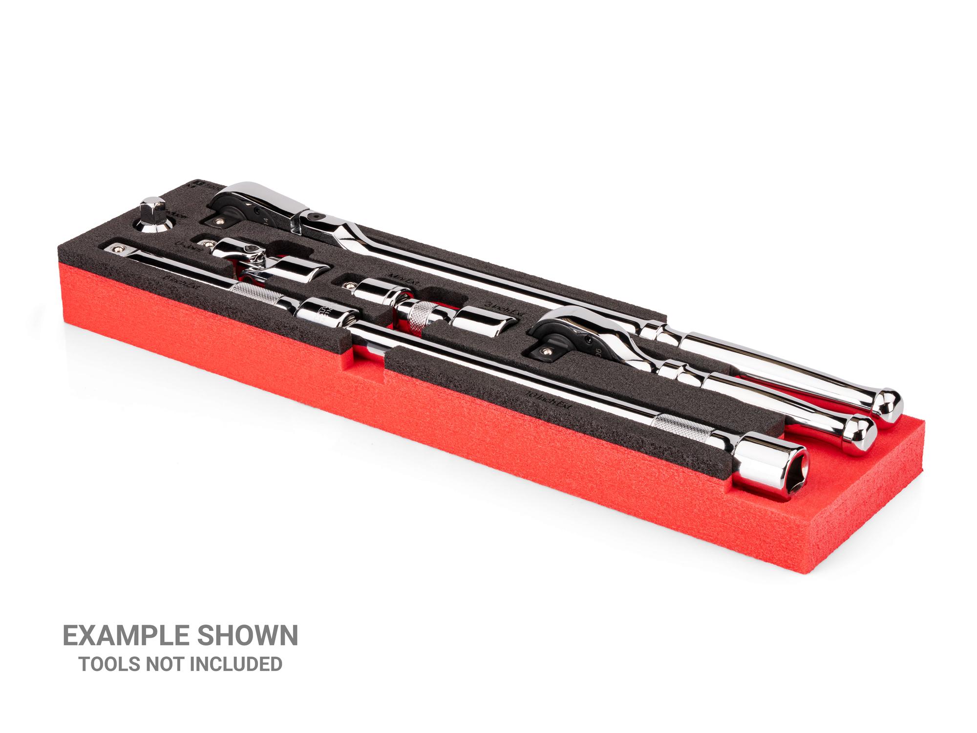 Angled view of black Tekton 1/2 inch drive ratchet and accessory set foam organizer. F00045KR