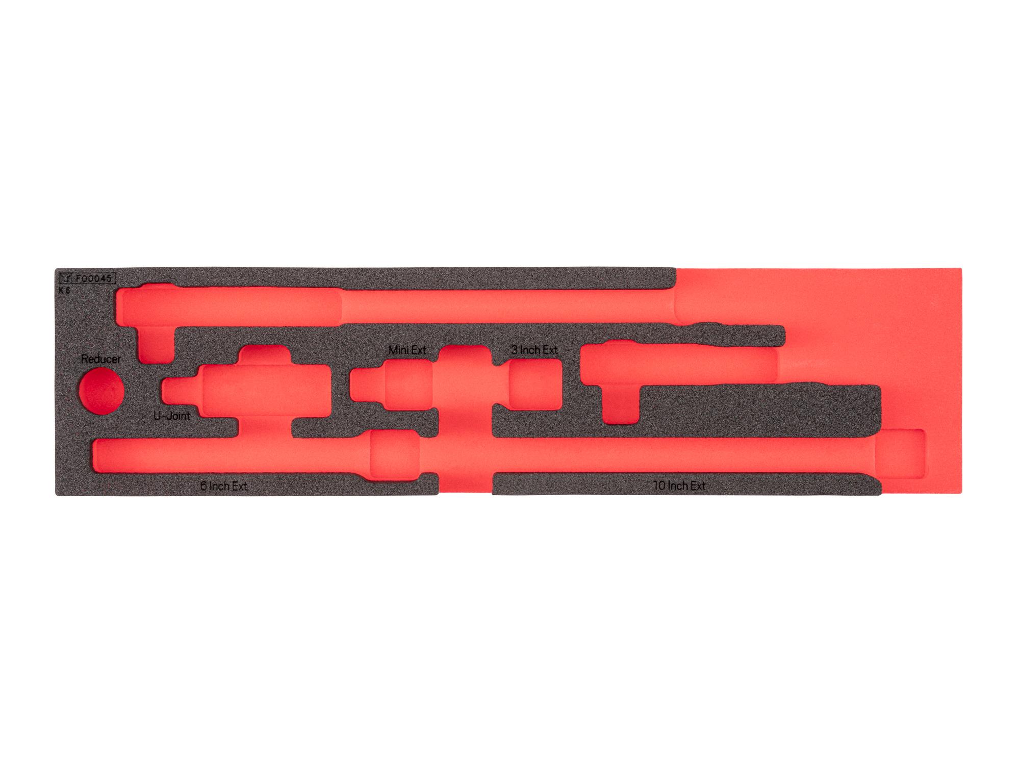 Top view of black Tekton 1/2 inch drive ratchet and accessory set foam organizer. F00045KR