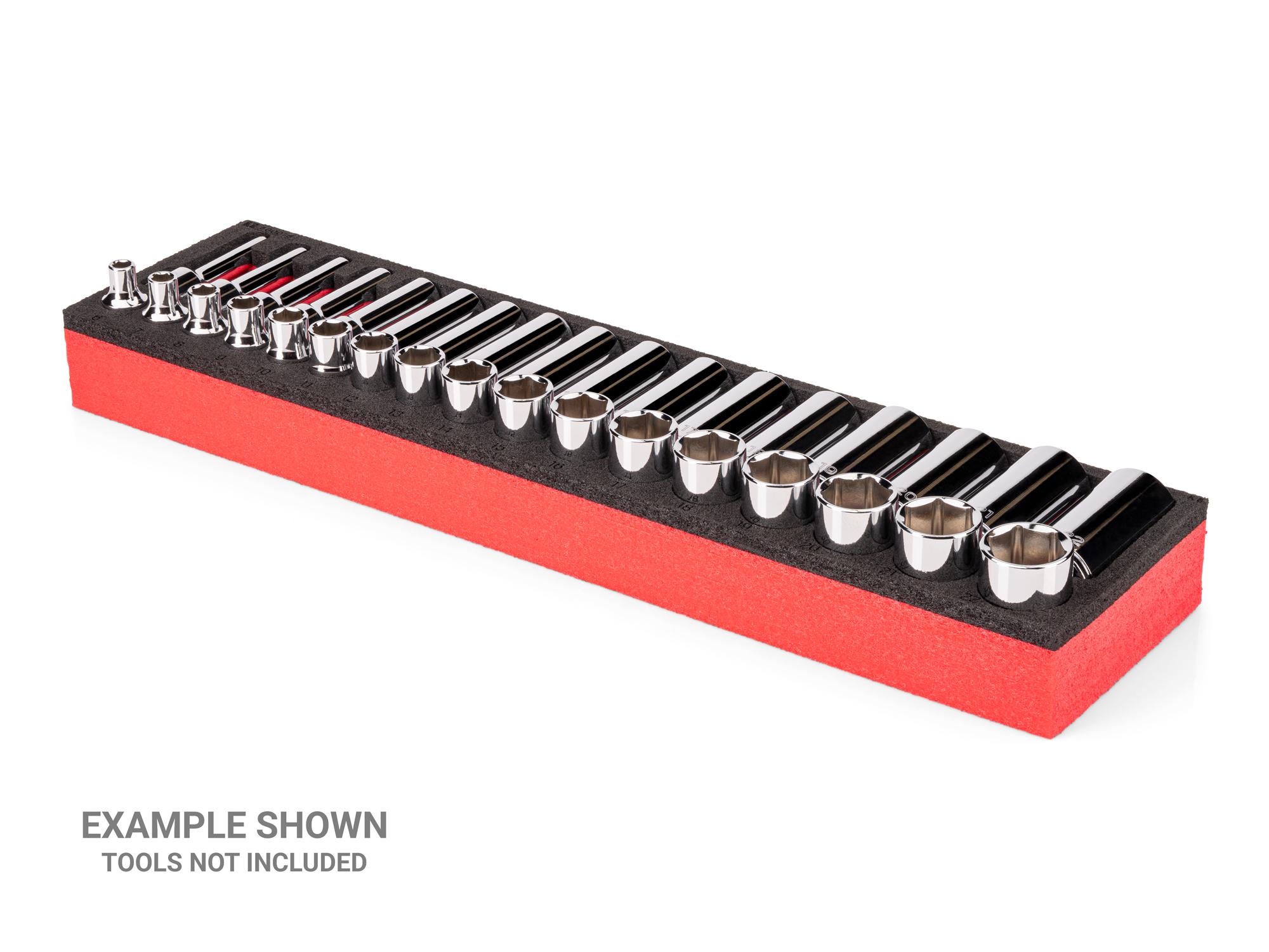 Angled view of black Tekton shallow and deep socket set foam organizer. Example image; tools not included. F00078KR