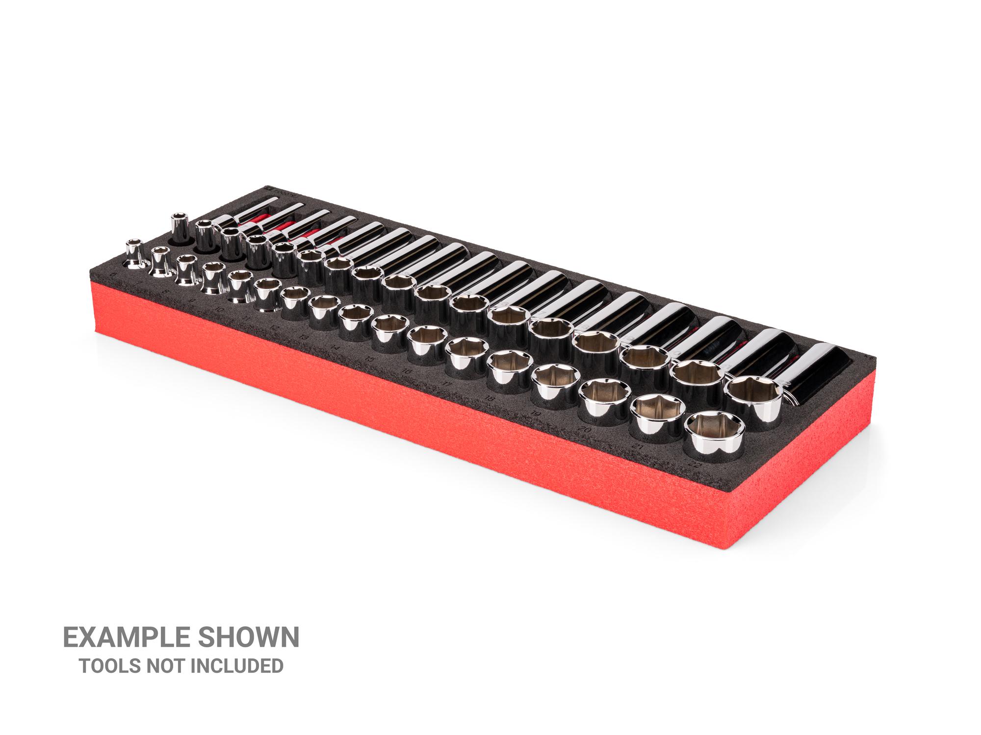 Angled view of black Tekton 3/8 inch socket set foam organizer. Example image; tools not included. F00079KR