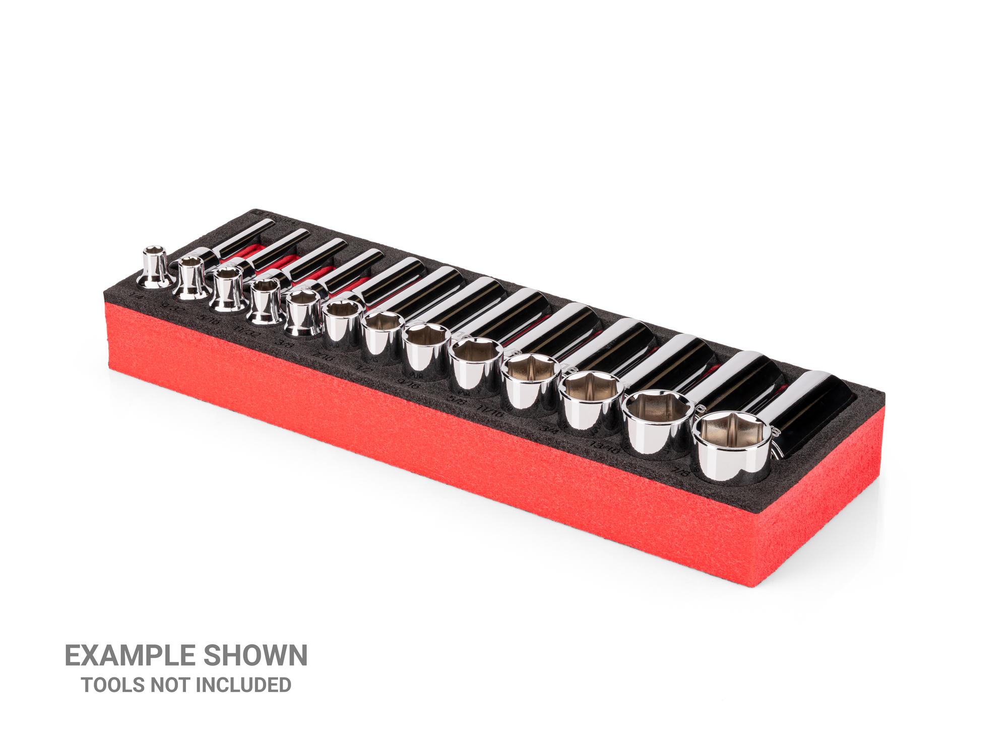 Angled view of black Tekton 3/8 inch shallow and deep socket set foam organizer. F00084KR