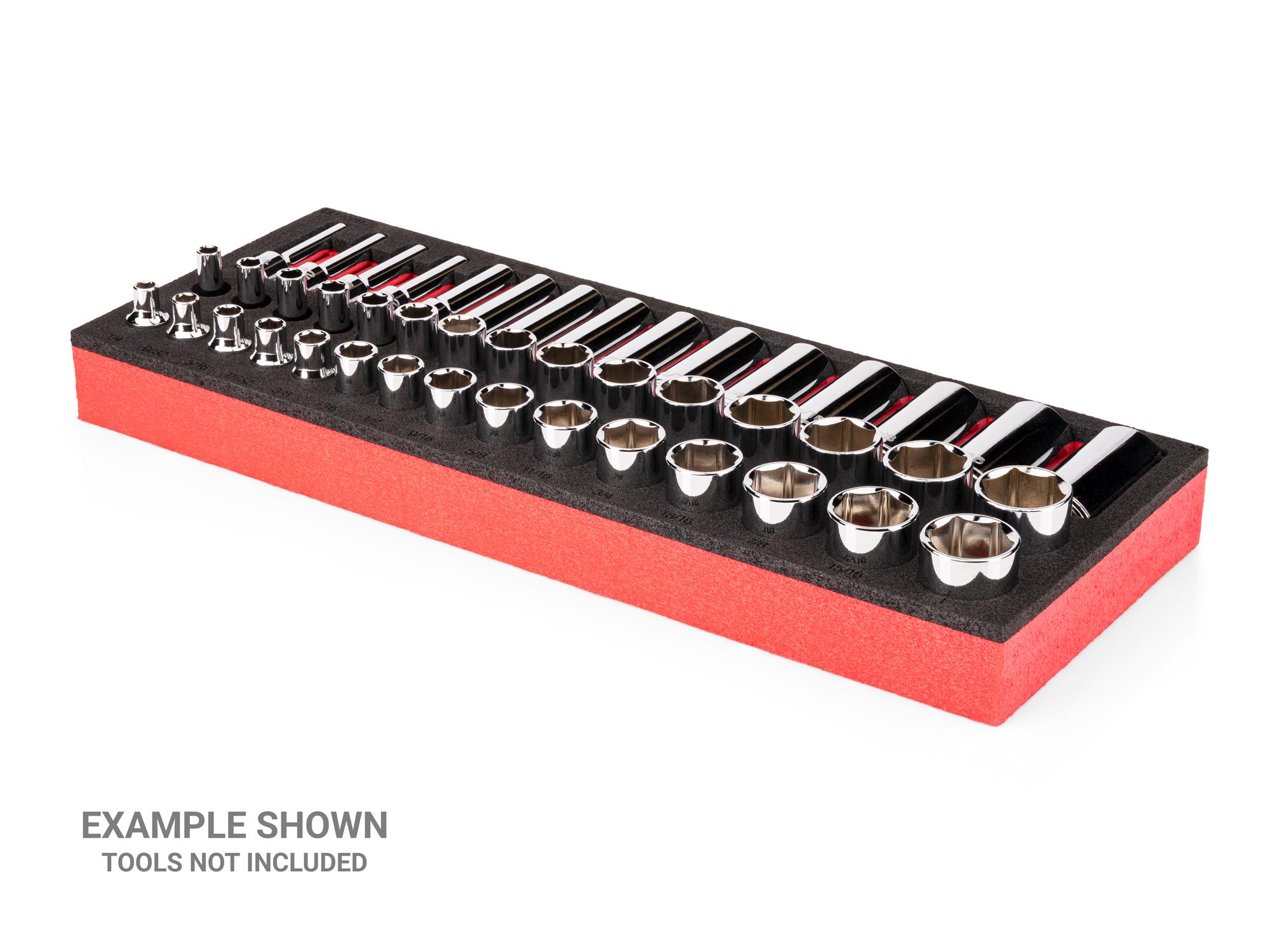 Angled view of black Tekton 3/8 inch shallow, semi-deep, and deep socket set foam organizer. F00085KR
