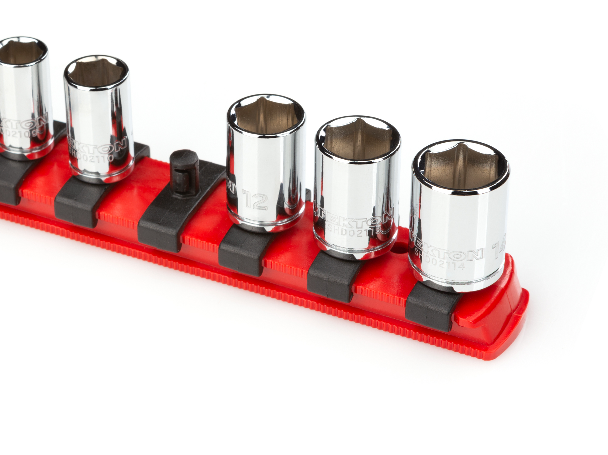 8 inch red socket rail with 1/4 inch drive clips. Place sockets onto clips to store them loosely, or twist them onto the clips to lock them in place. Made in USA. OSR01113.