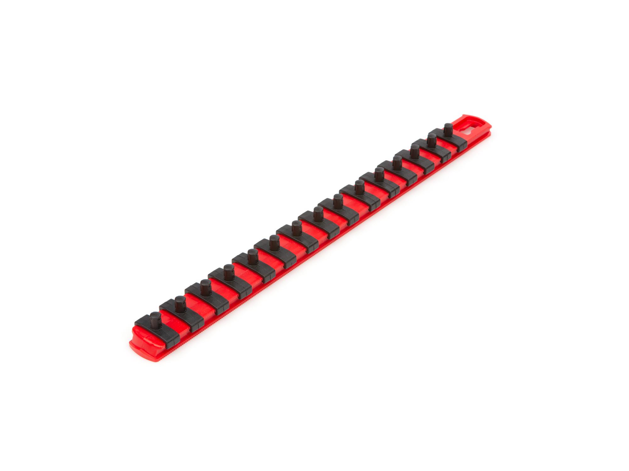Front-right angle view of red Tekton 13 inch socket organization. Item #OSR02115