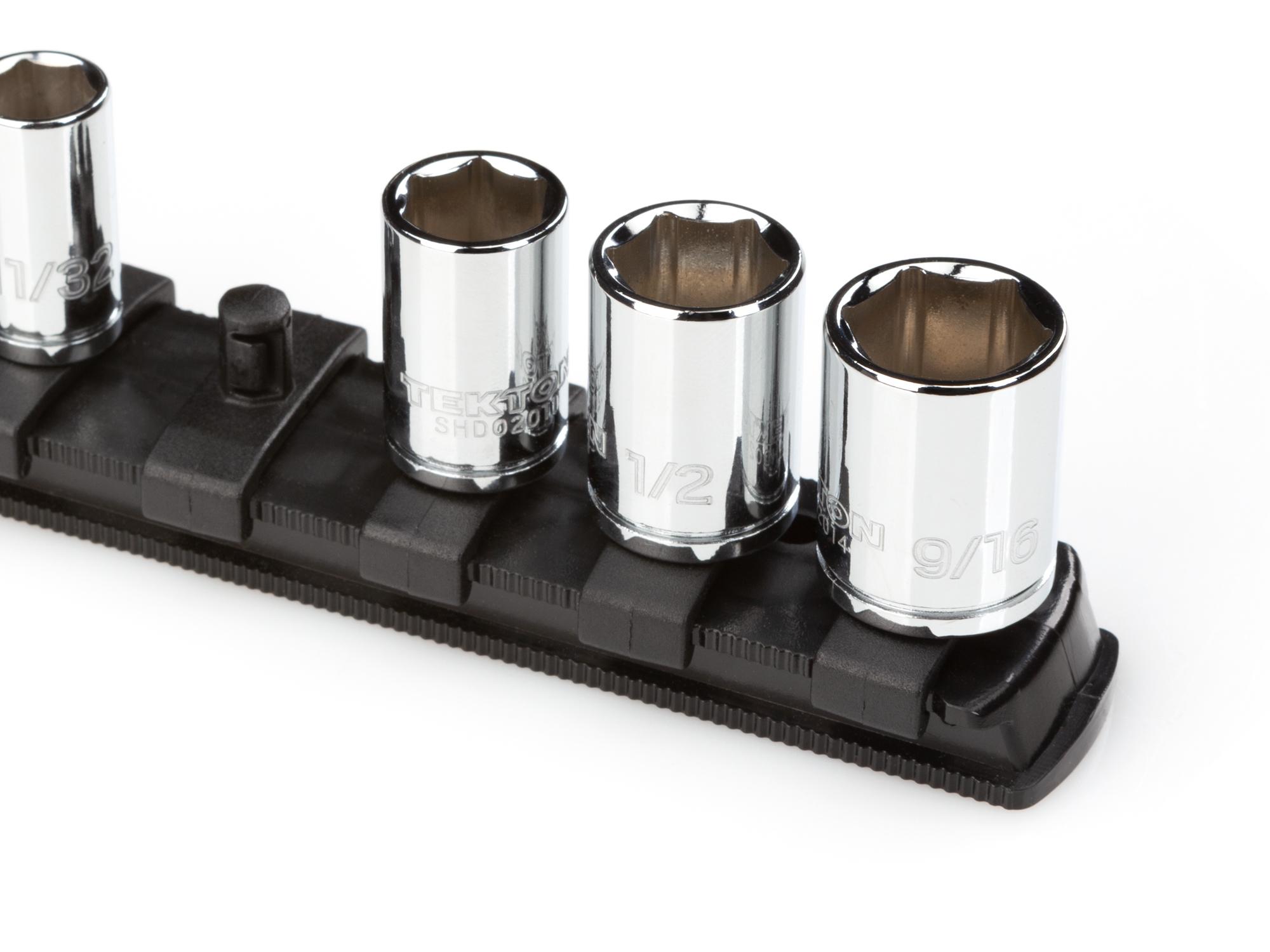 Closeup view of black Tekton 18 inch socket organization. Item #OSR03220