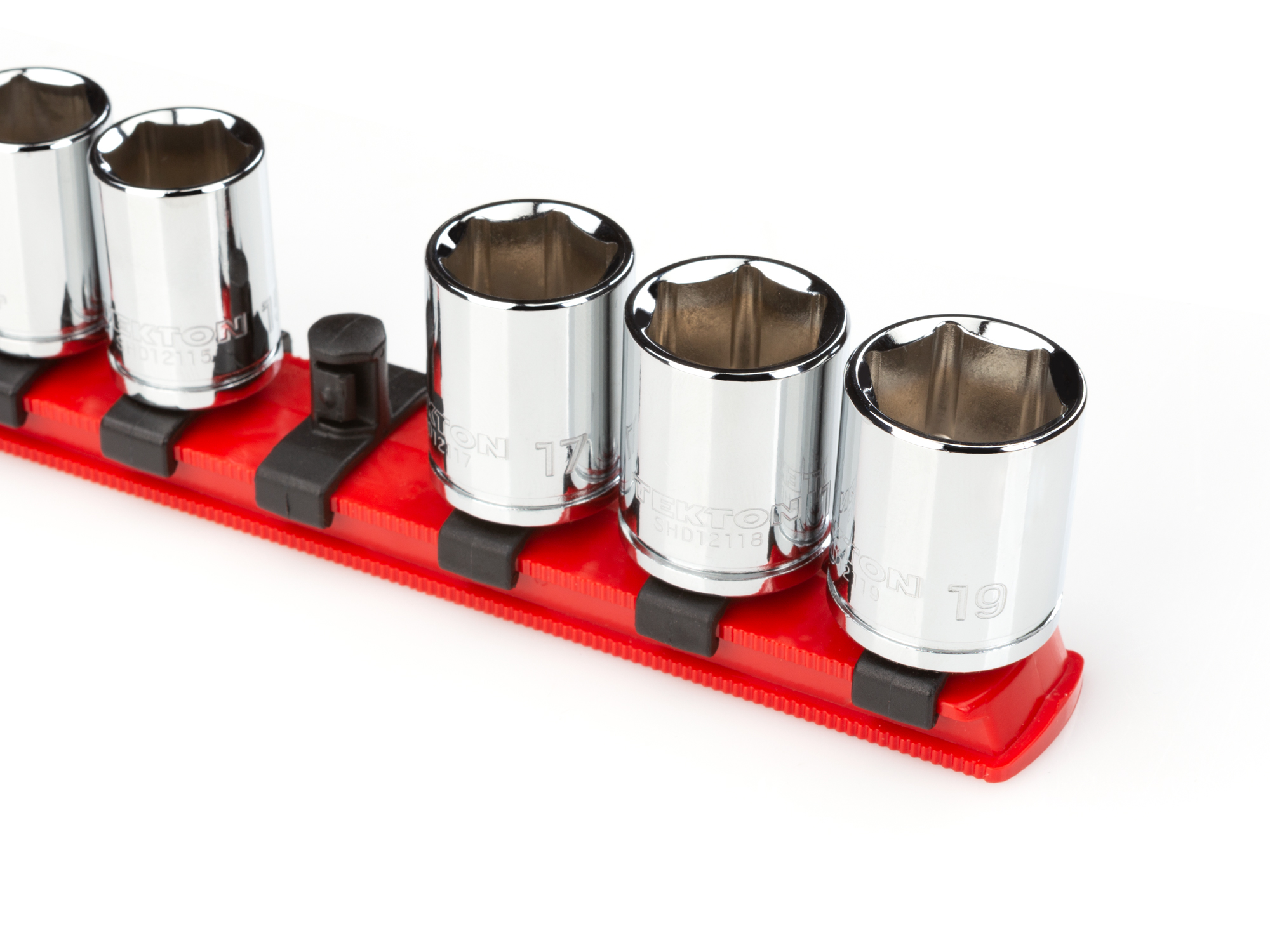 8 inch red socket rail with 3/8 inch drive clips. Place sockets onto clips to store them loosely, or twist them onto the clips to lock them in place. Made in USA. OSR11110.