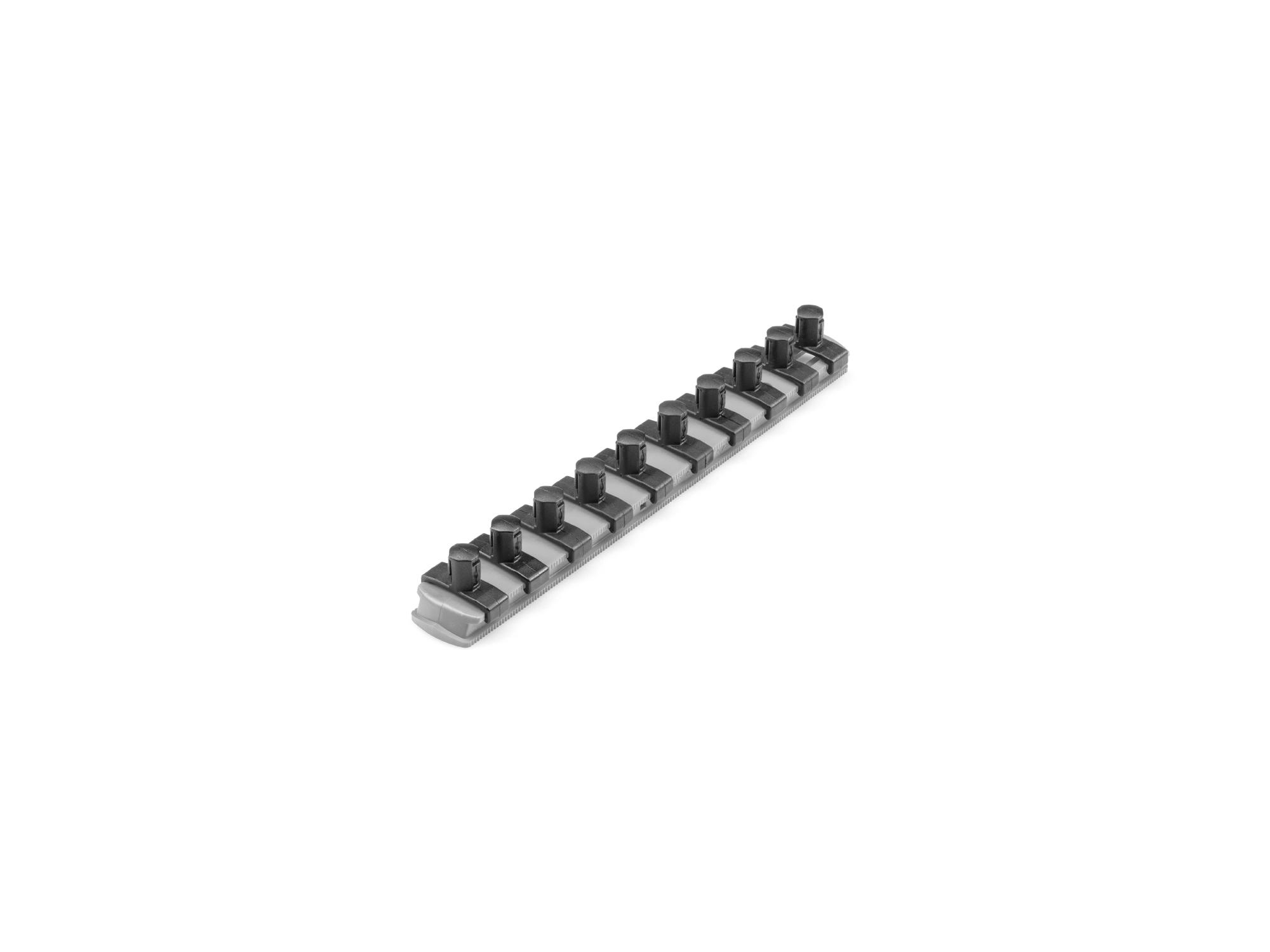 Front-right angle view of gray Tekton 8 inch socket organization. Item #OSR11310