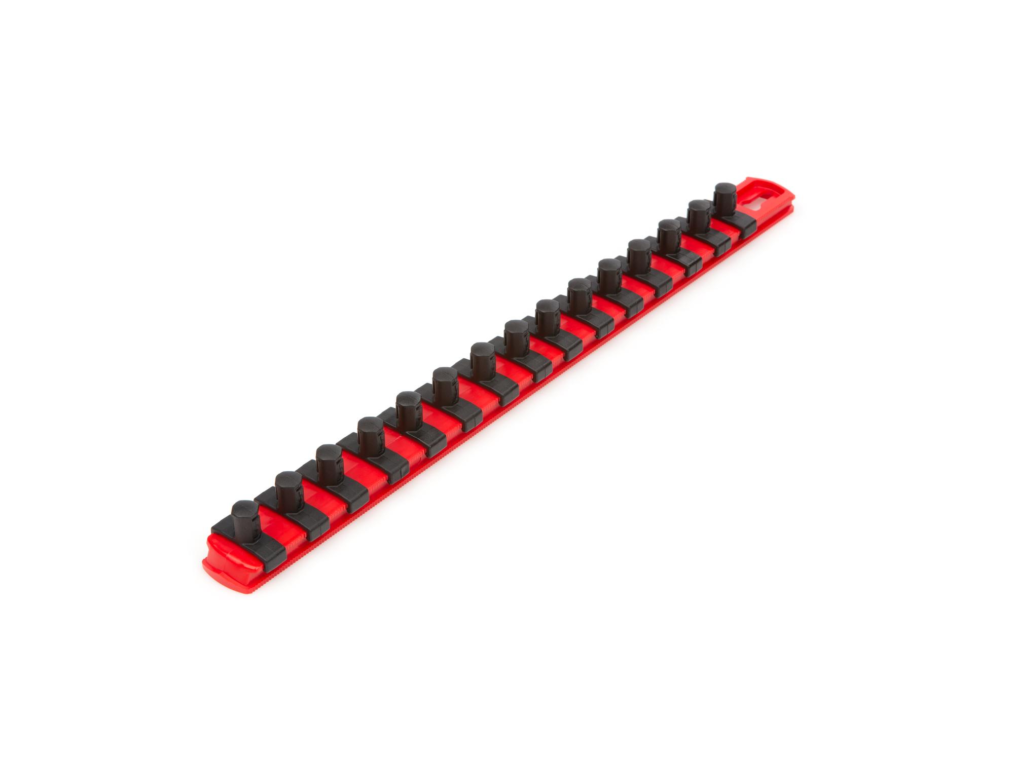 Front-right angle view of red Tekton 13 inch socket organization. Item #OSR12115