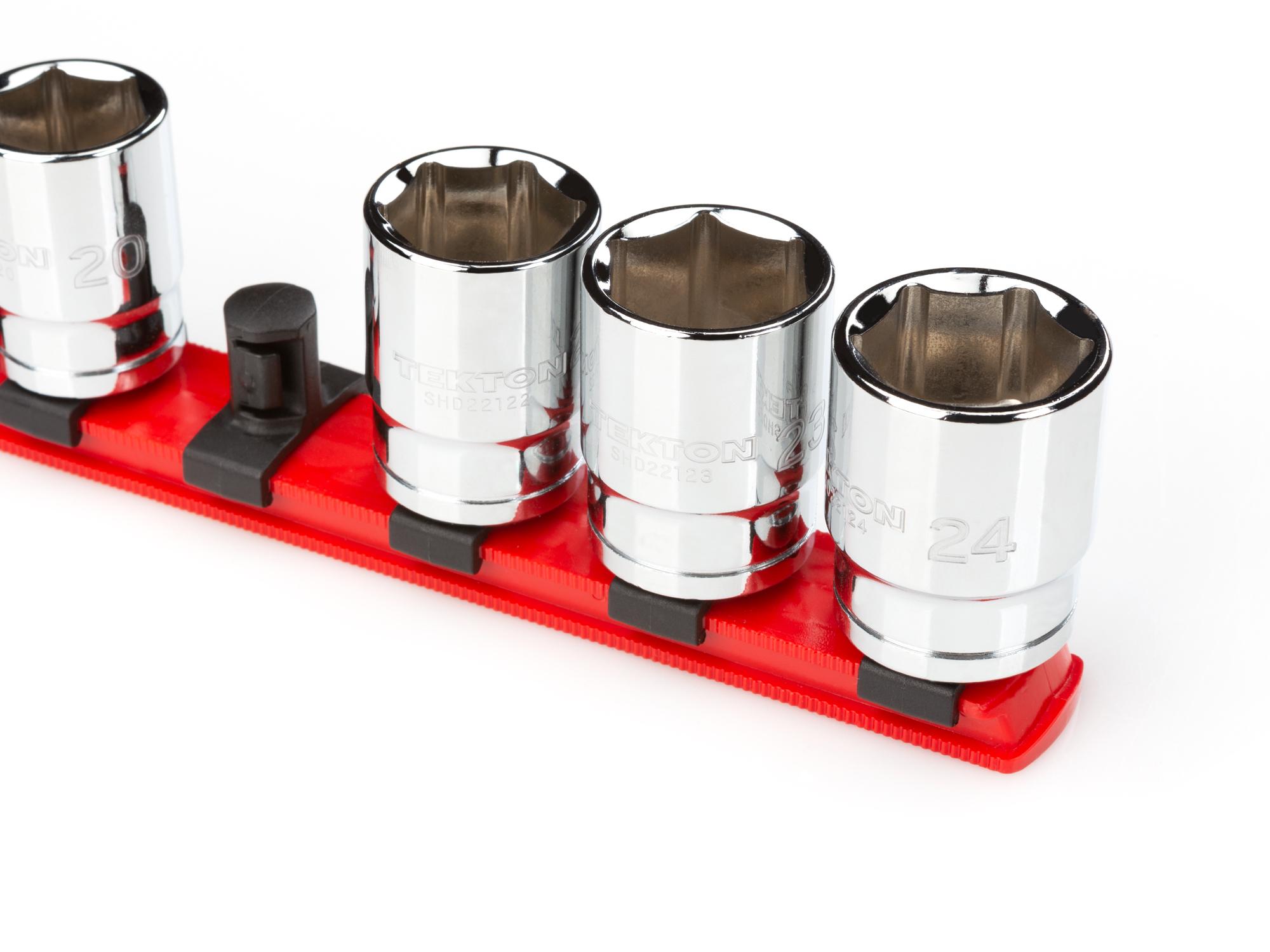 Closeup view of red Tekton 13 inch socket organization. Item #OSR22110