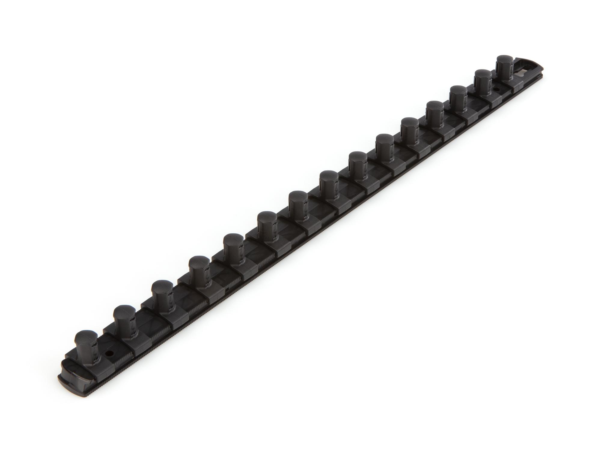 Front-right angle view of black Tekton 18 inch socket organization. Item #OSR23215