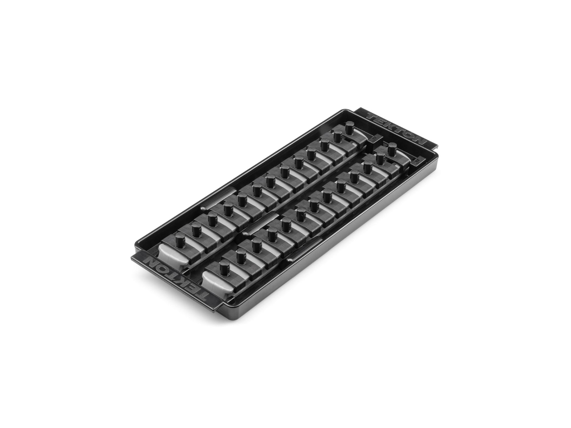 Front-right angle view of Tekton gray 2 rail socket organization set. Item #OST01326