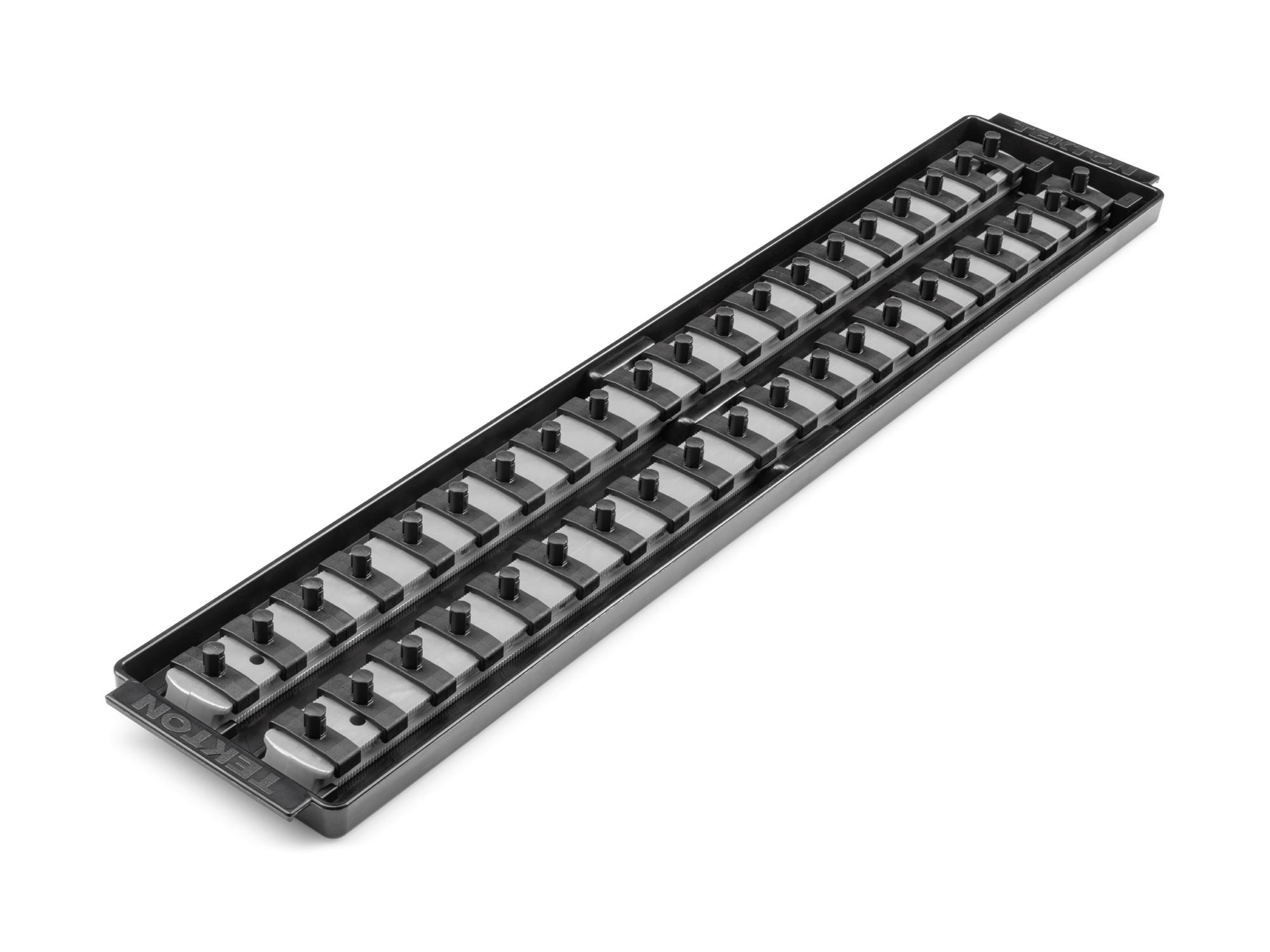 Front-right angle view of Tekton gray 2 rail socket organization set. Item #OST03340