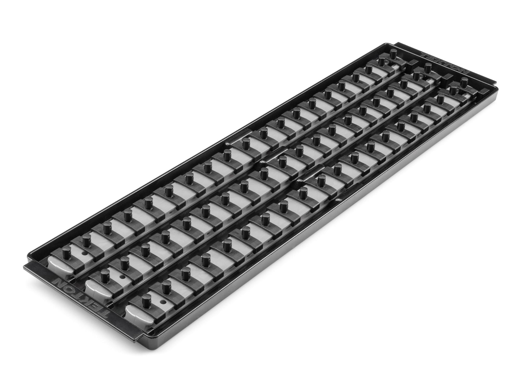 Front-right angle view of Tekton gray 3 rail socket organization set. Item #OST07360