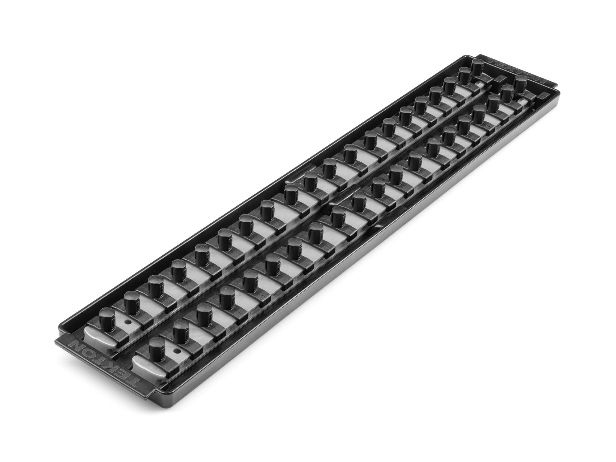 Front-right angle view of Tekton gray 18 inch socket organization set. Item #OST13340