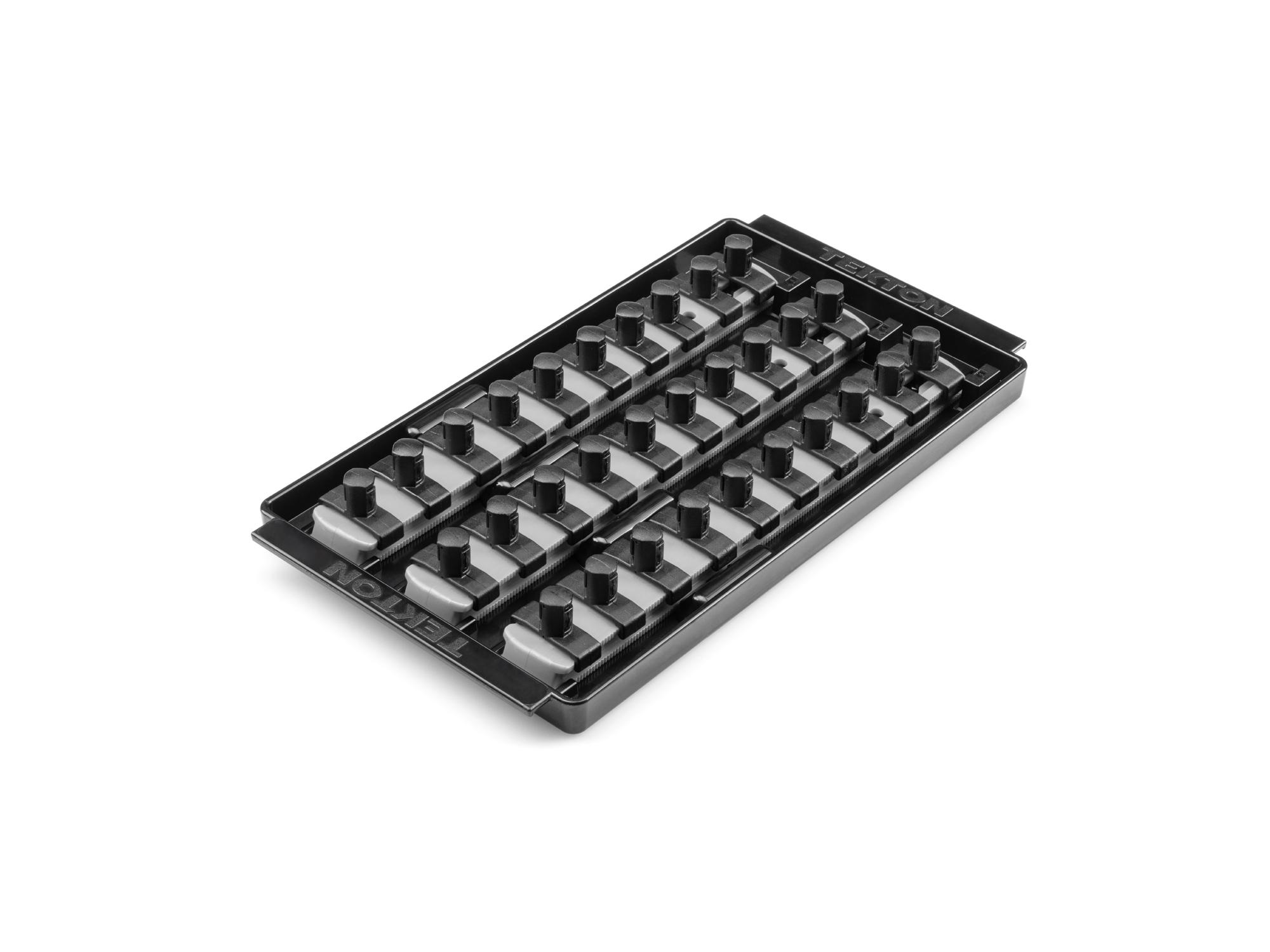 Front-right angle view of Tekton gray 3 rail socket organization set. Item #OST15330