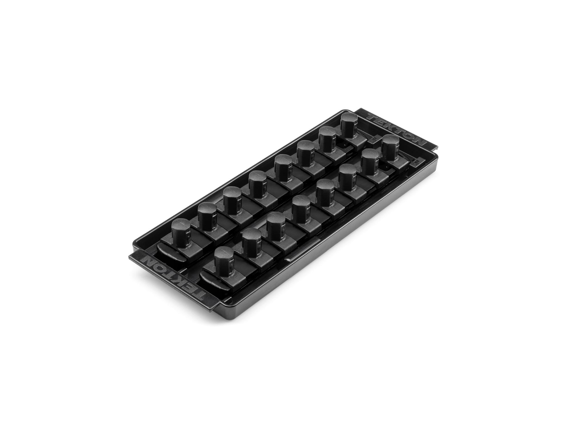 Front-right angle view of Tekton black 8 inch socket organization set. Item #OST21216