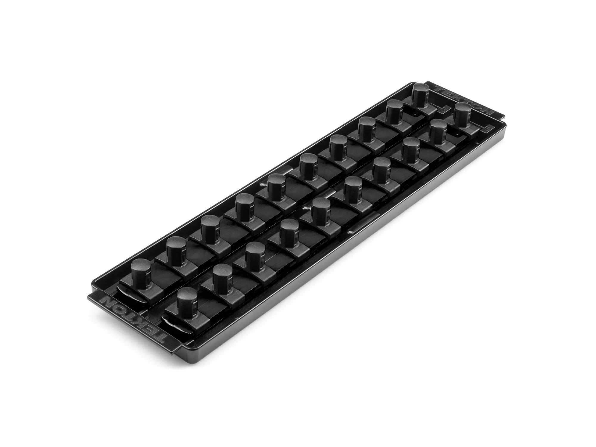 Front-right angle view of Tekton black 2 rail socket organization set. Item #OST22220