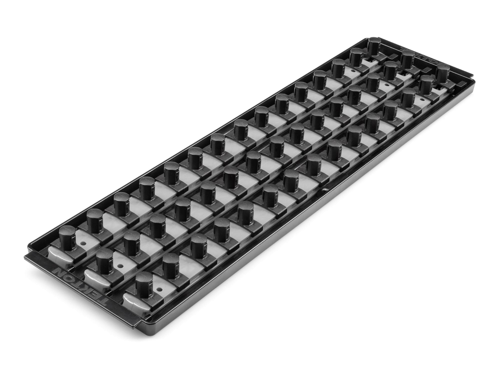 Front-right angle view of Tekton gray 3 rail socket organization set. Item #OST27345