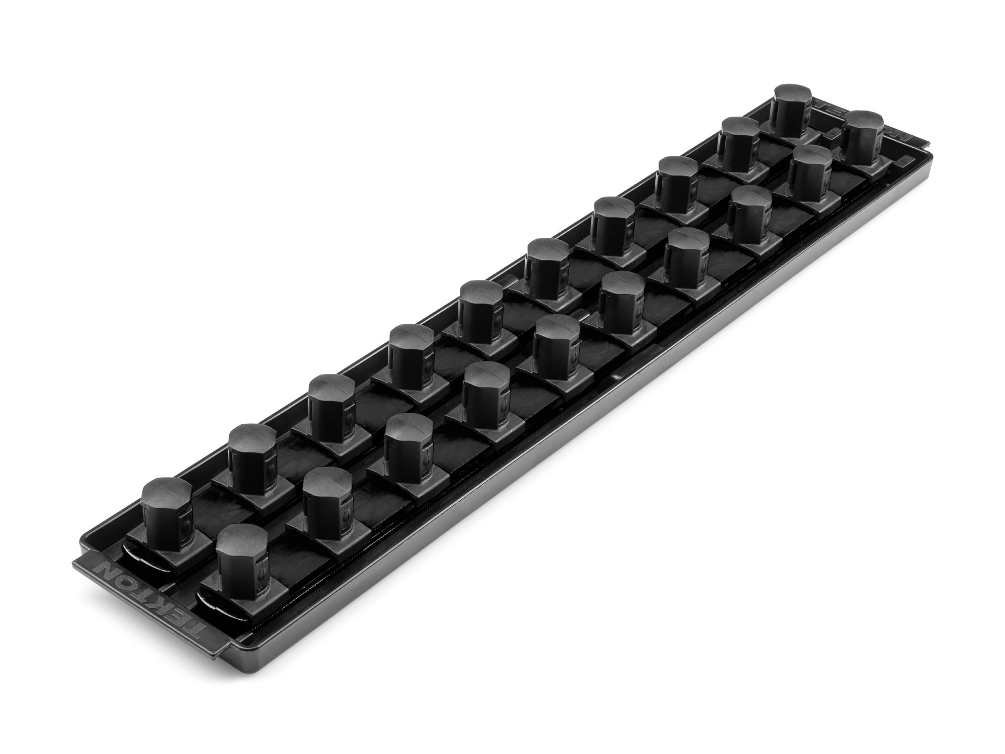 Front-right angle view of Tekton black 18 inch socket organization set. Item #OST33220