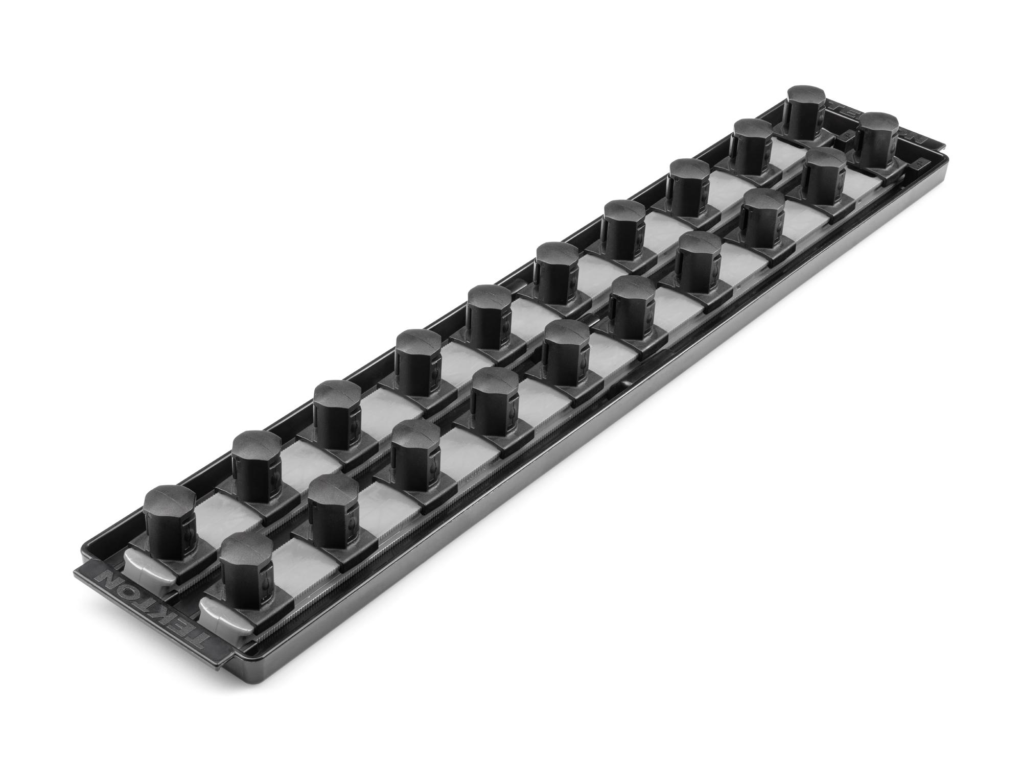 Front-right angle view of Tekton gray 18 inch socket organization set. Item #OST33320