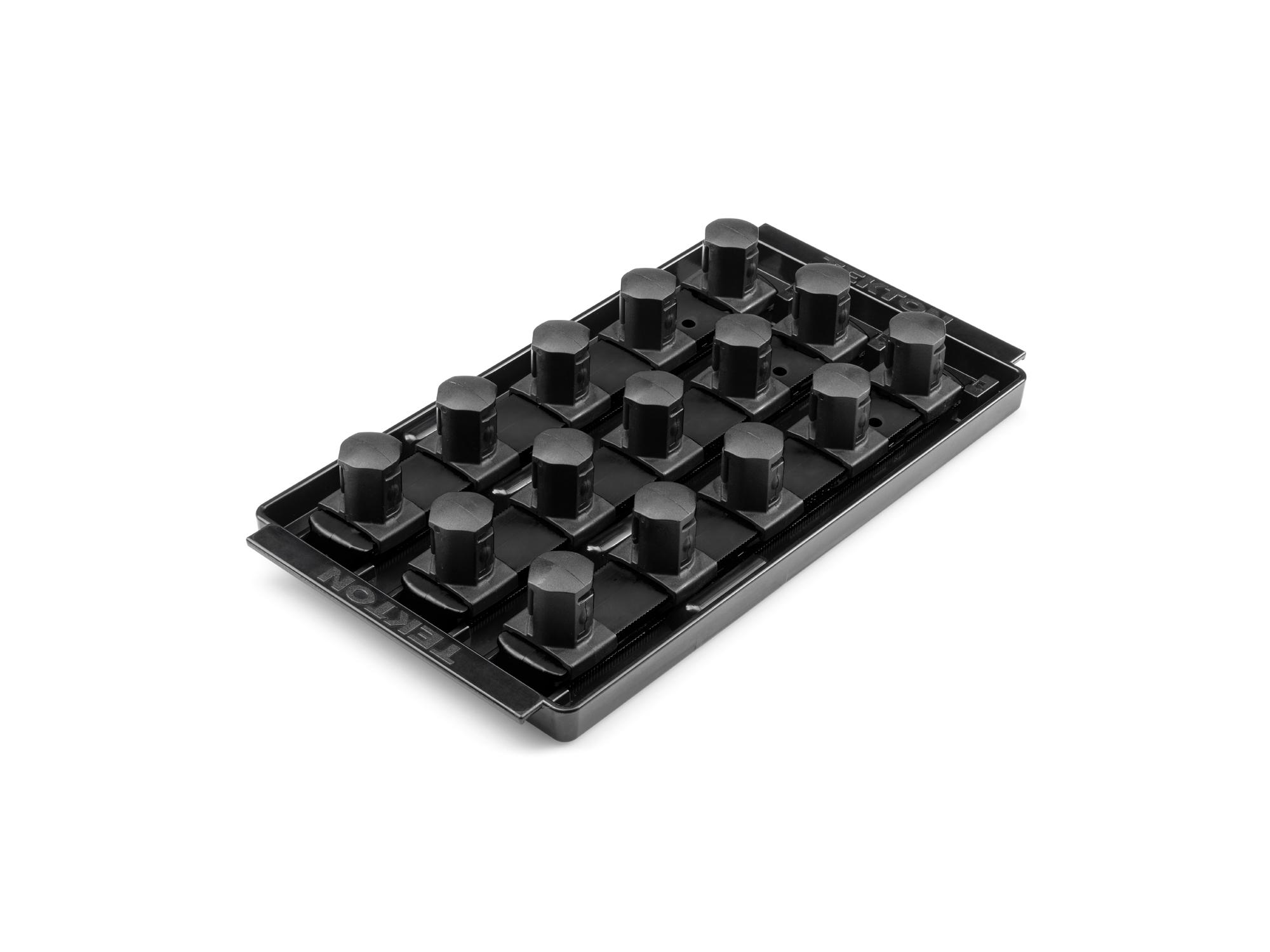 Front-right angle view of Tekton black 8 inch socket organization set. Item #OST35215
