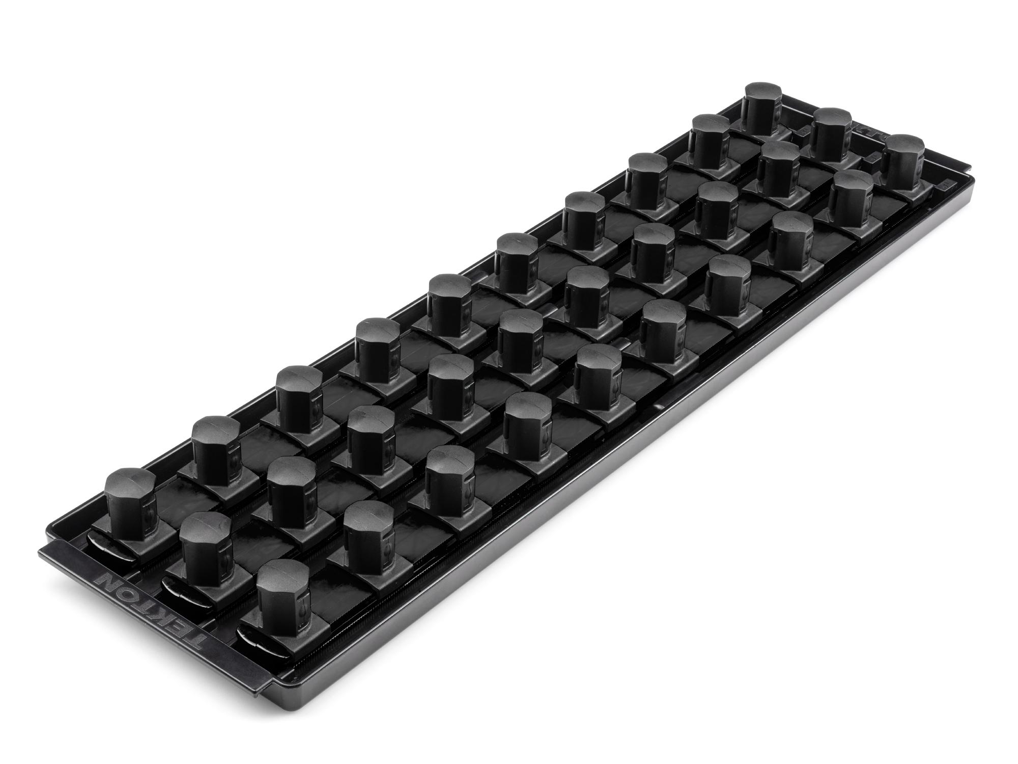 Front-right angle view of Tekton black 18 inch socket organization set. Item #OST37230