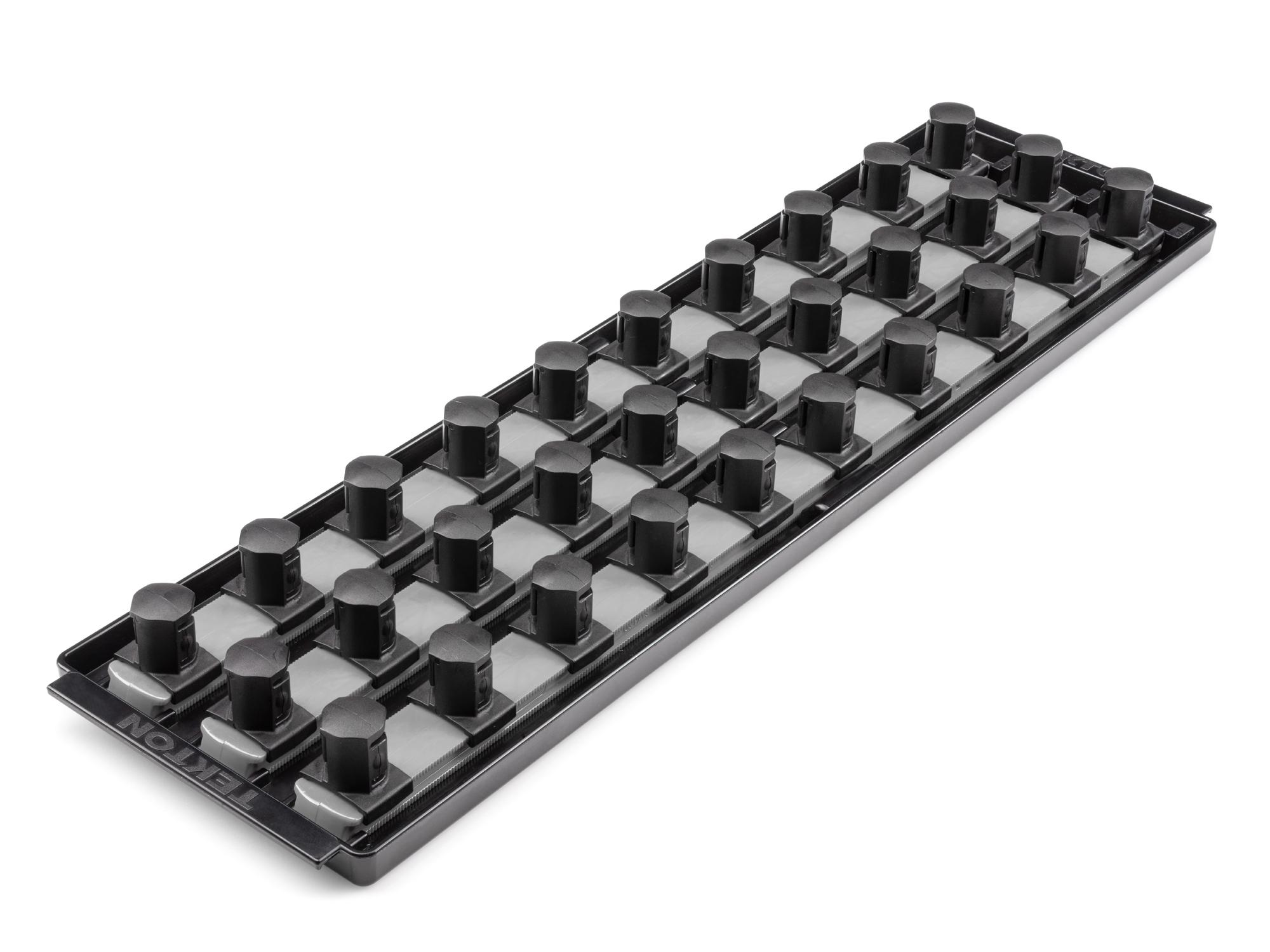 Front-right angle view of Tekton gray 18 inch socket organization set. Item #OST37330