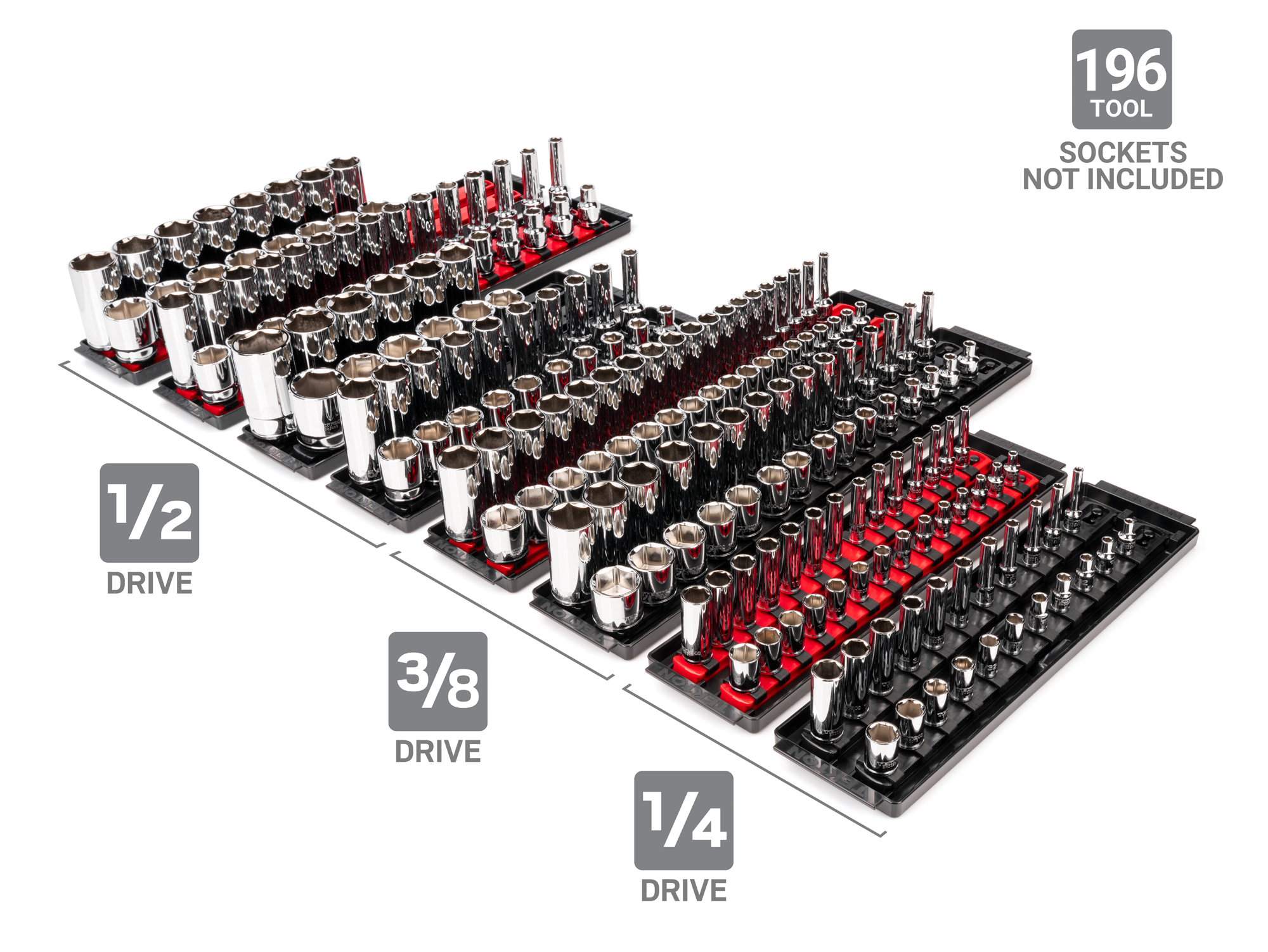 Set includes 16 socket rails, 8 trays, and 1/4, 3/8, and 1/2 inch drive clips. Designed to store sockets for our 212-piece 1/4, 3/8, 1/2 inch drive socket and ratchet sets. Made in USA. OST97902.