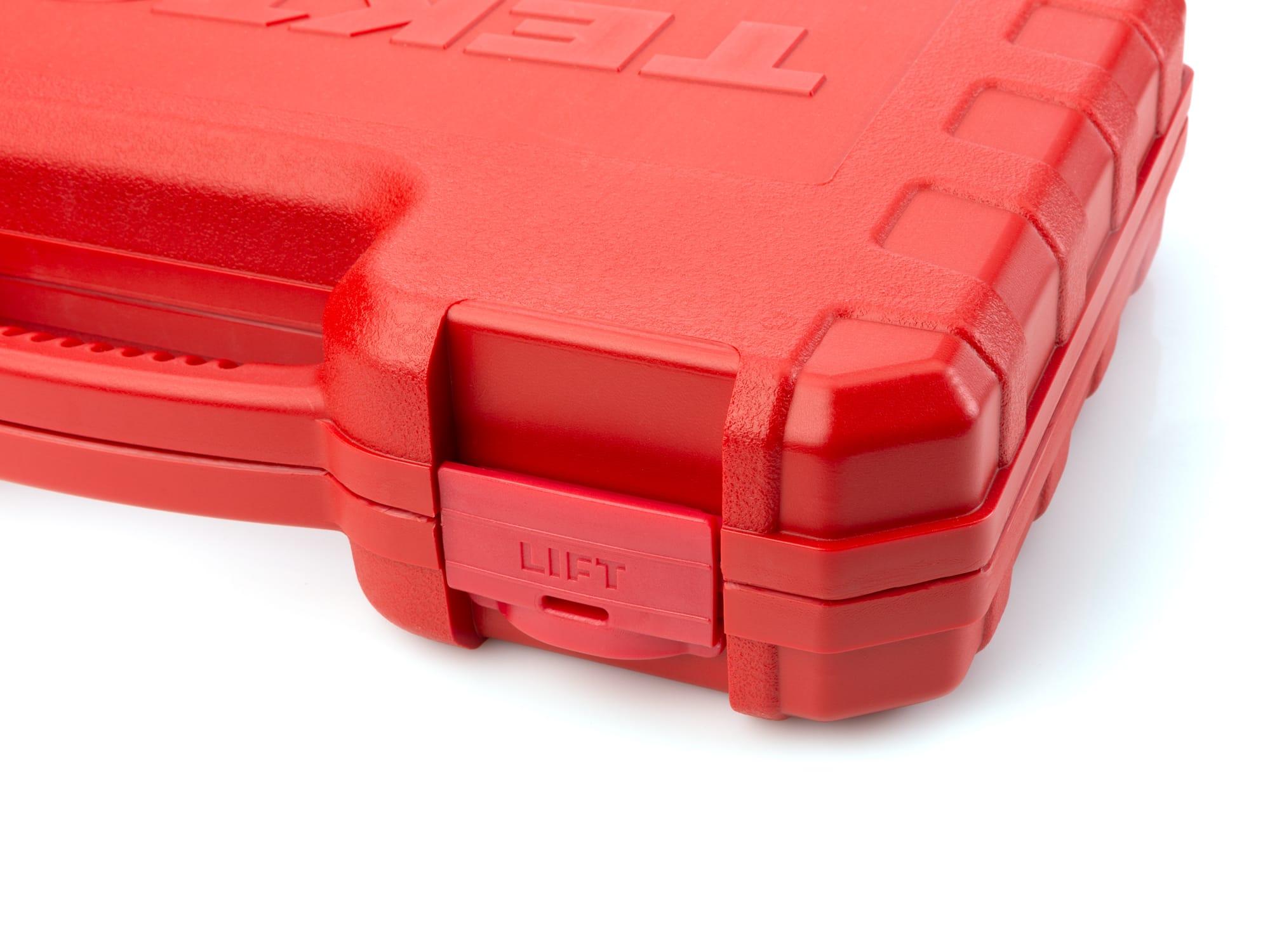 Closeup view of Tekton red socket set part set. Item #OSM89902