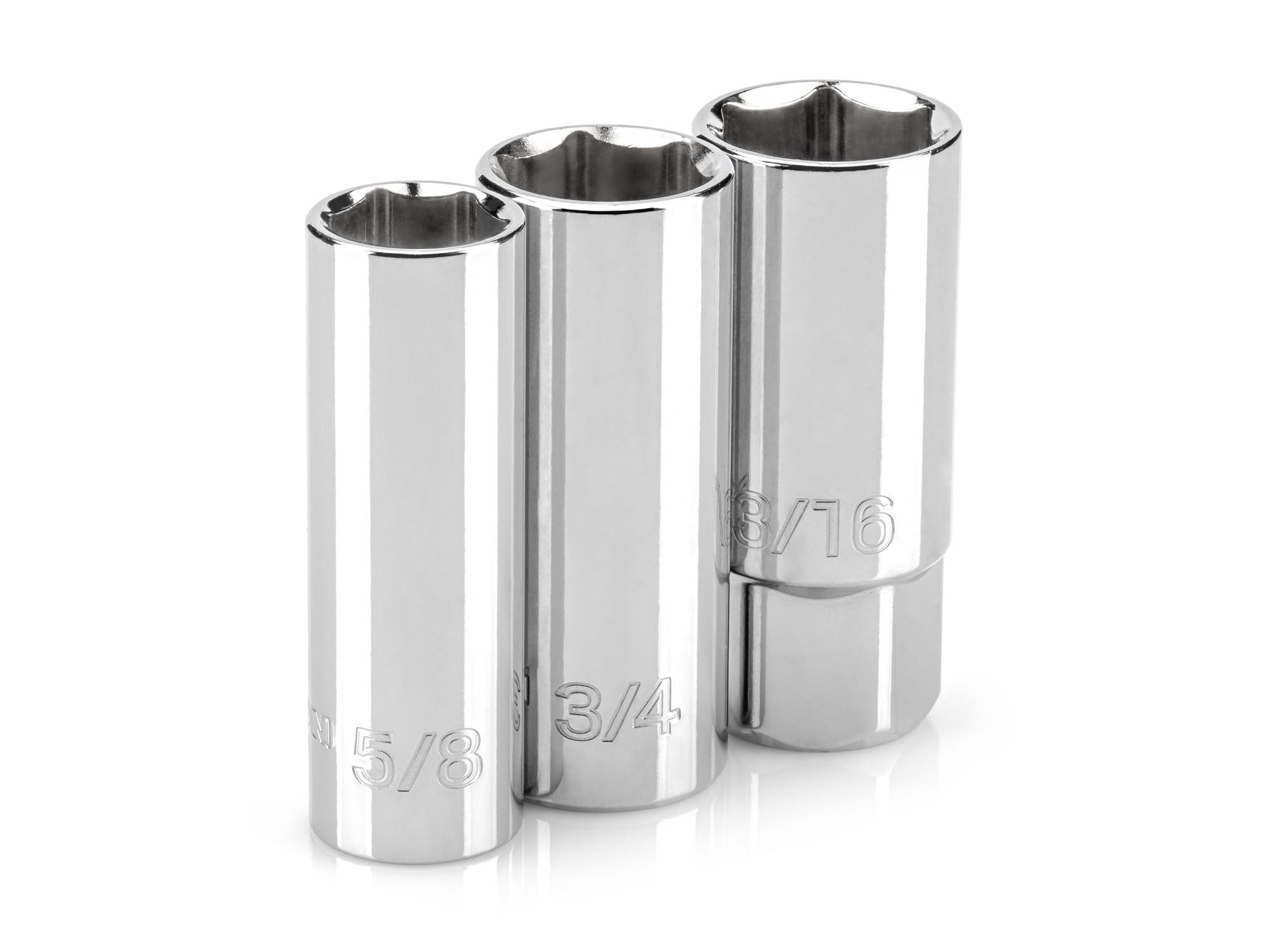 Front-right angle view of Tekton hand drive spark plug socket set. Item #SHD92035