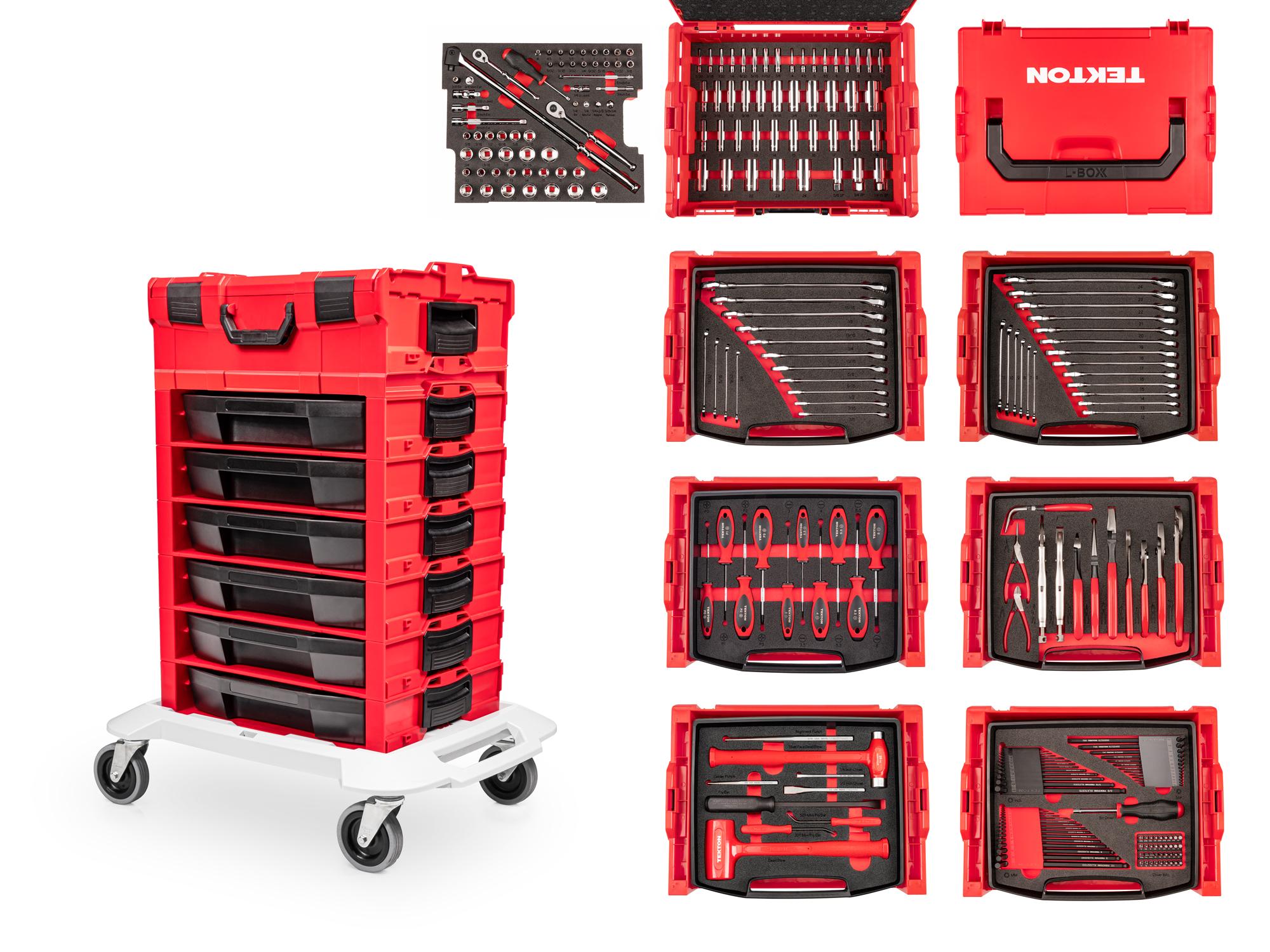 Front-right angle view of Tekton stacking organization sets with tool set. Item #OLB99005