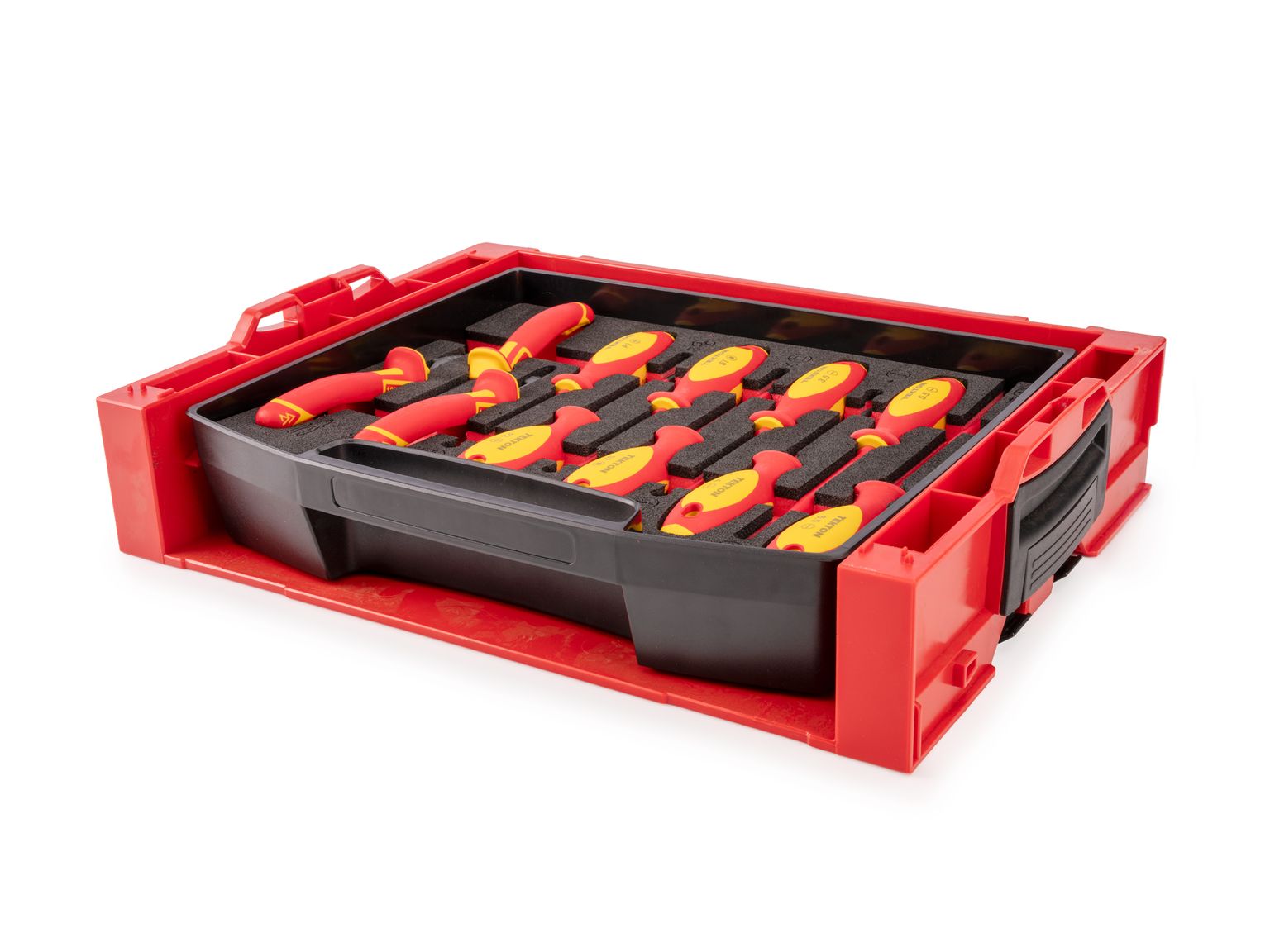 TEKTON Insulated Phillips, Slotted, Square Drivers and Pliers Set with Open Top Drawer and Rack, 11-Piece (Combination, Long Nose, Diagonal Cutting)