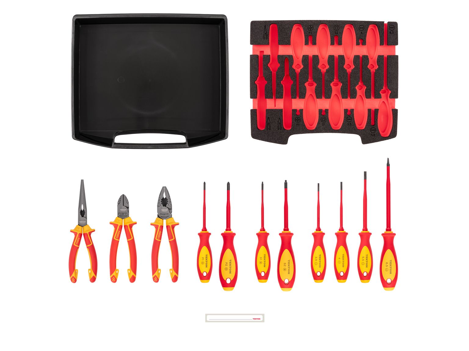 TEKTON Insulated Phillips, Slotted, Square Drivers and Pliers Set with Open Top Drawer and Rack, 11-Piece (Combination, Long Nose, Diagonal Cutting)