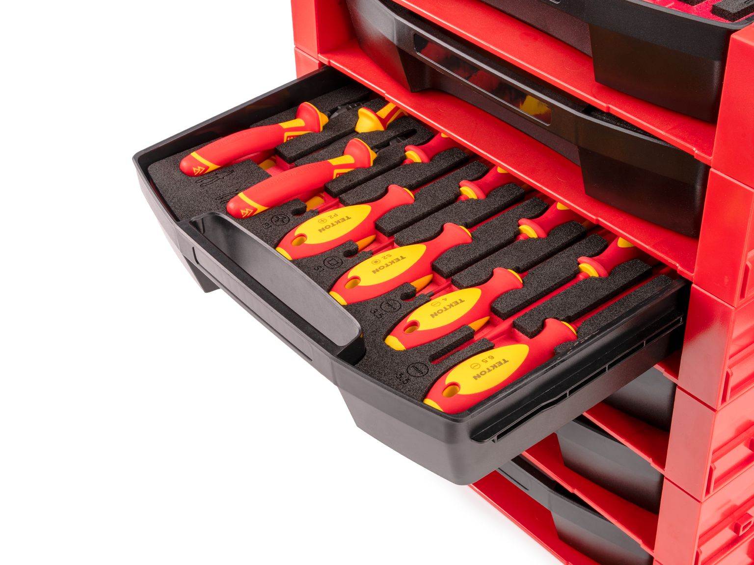 TEKTON Insulated Phillips, Slotted, Square Drivers and Pliers Set with Open Top Drawer and Rack, 11-Piece (Combination, Long Nose, Diagonal Cutting)