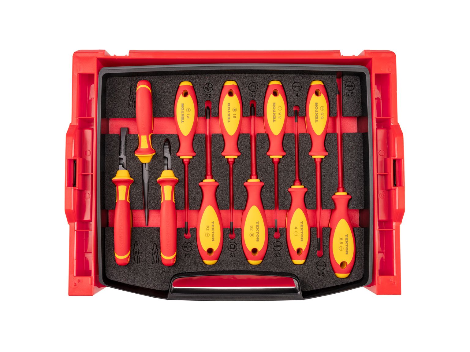 TEKTON Insulated Phillips, Slotted, Square Drivers and Pliers Set with Open Top Drawer and Rack, 11-Piece (Combination, Long Nose, Diagonal Cutting)