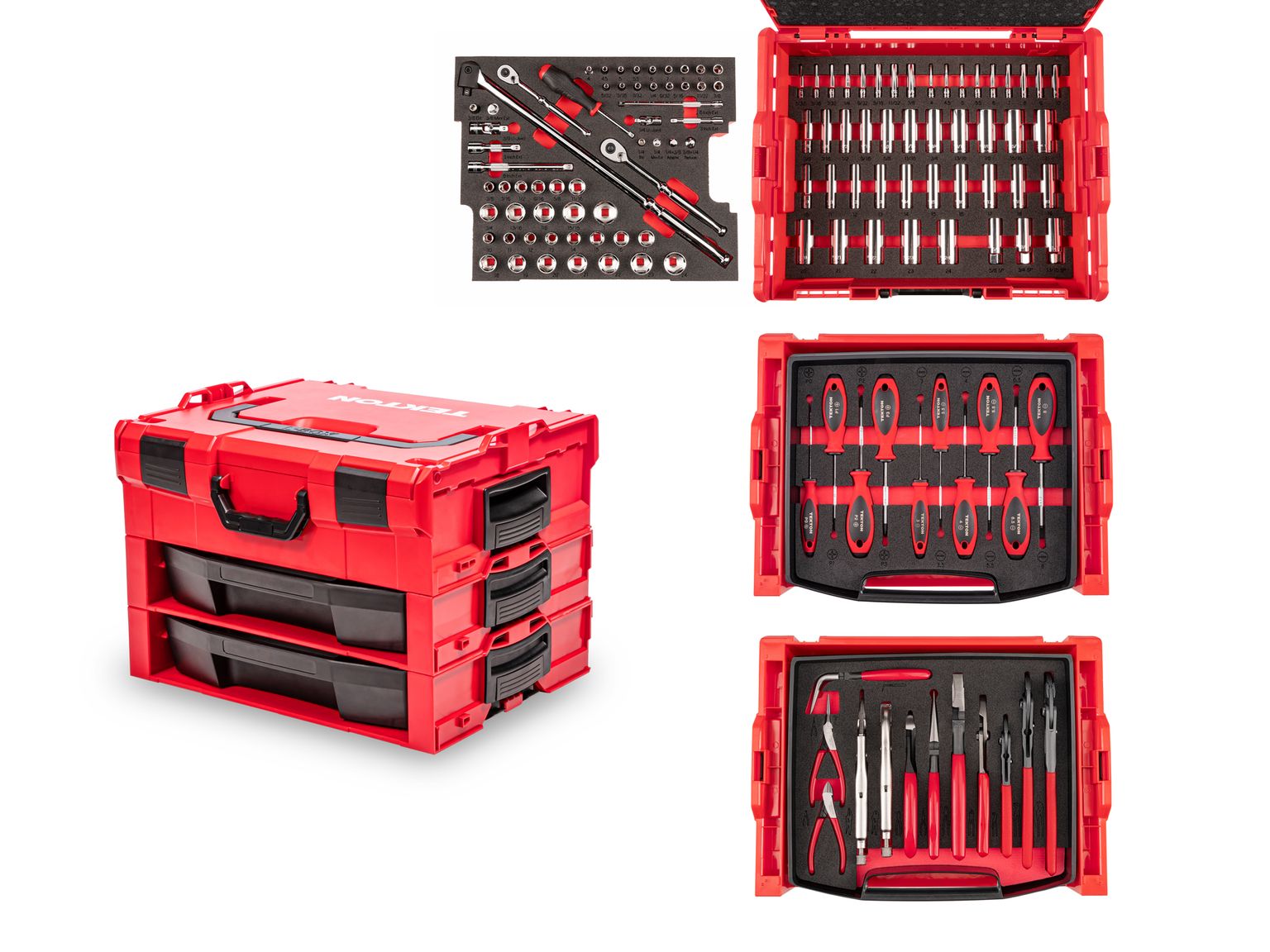 TEKTON 1/4, 3/8 Inch Drive 6-Point Socket and Ratchet, Screwdriver, and Pliers Set in Modular Stacking Tool Box, 2-Drawer (127-Piece)