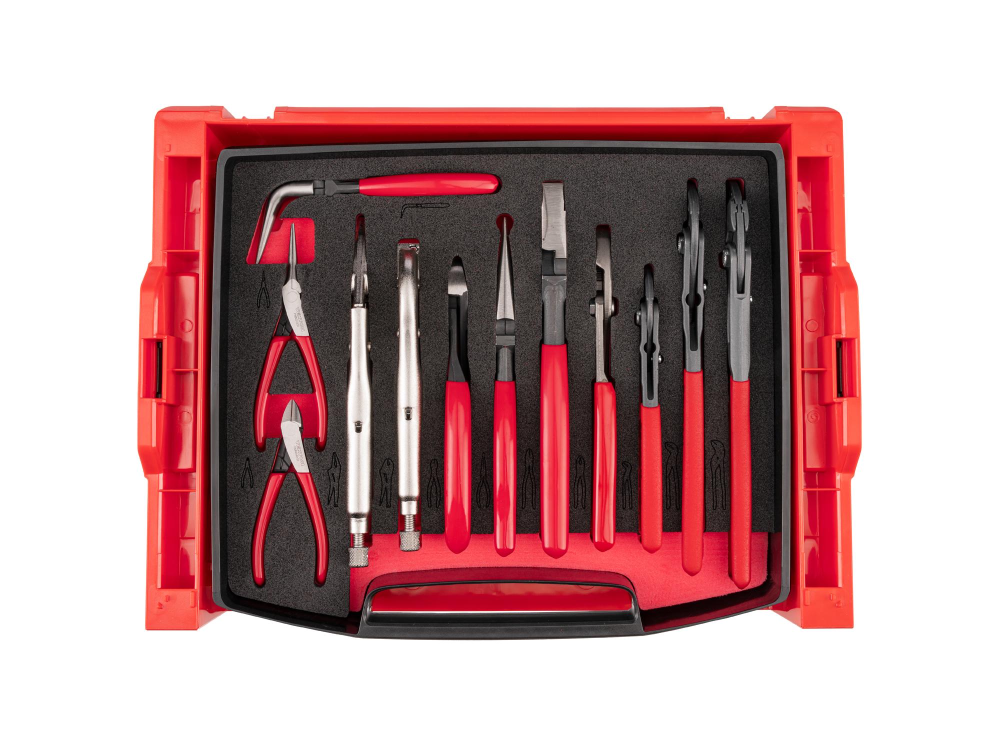 Gripping, Cutting, and Locking Pliers Set with Open Top Drawer and Rack (12-Piece)