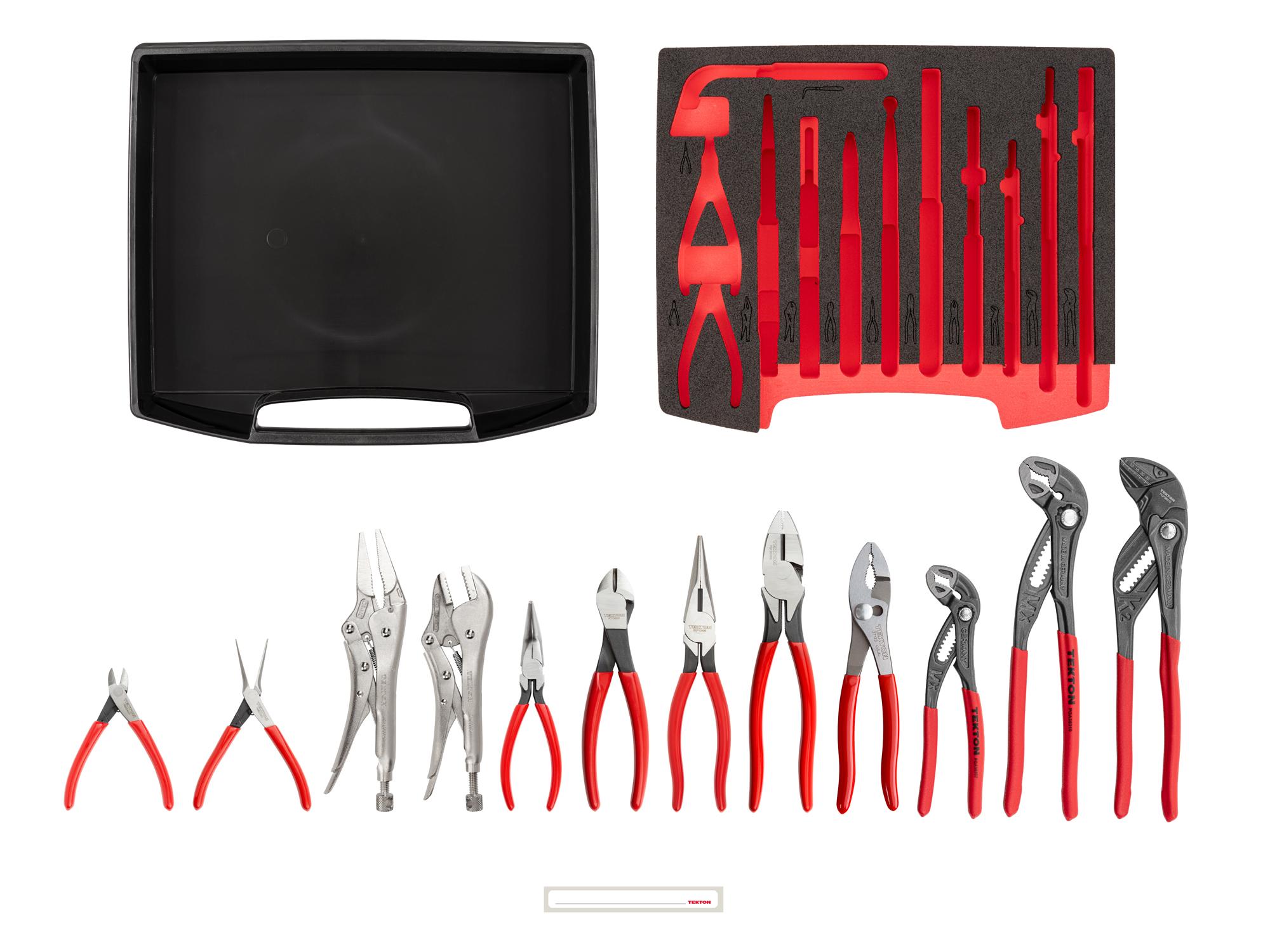 Laid out contents of Tekton mixed pliers set set. Item #PLR96001