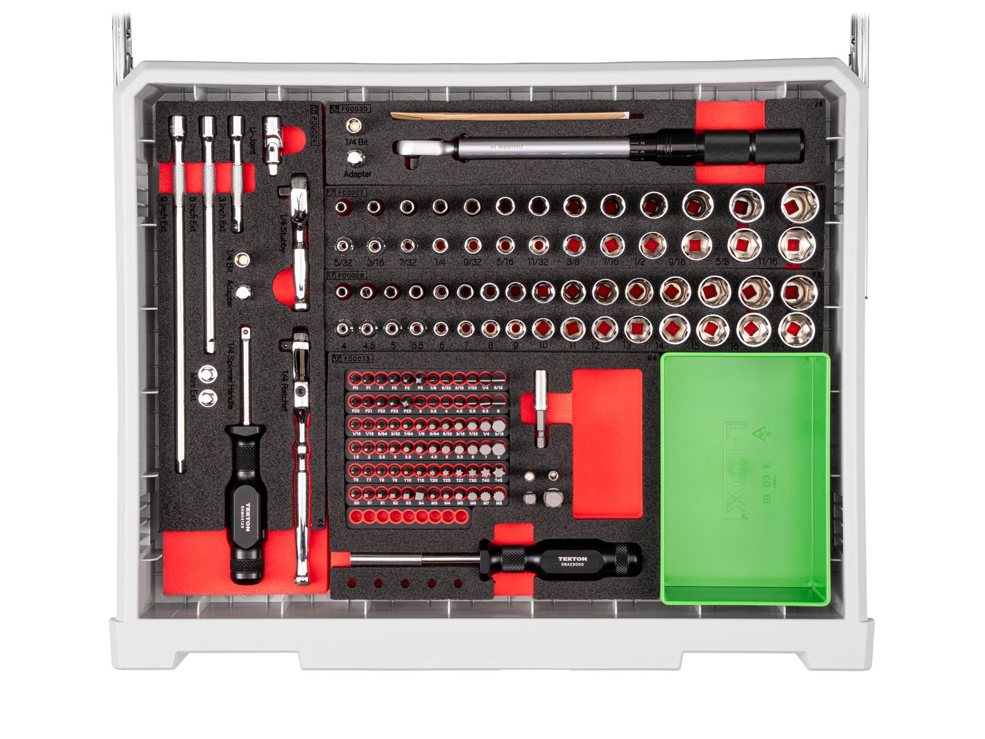 Contents of lunar white Tekton 5-drawer tool box tool set. RIG99105