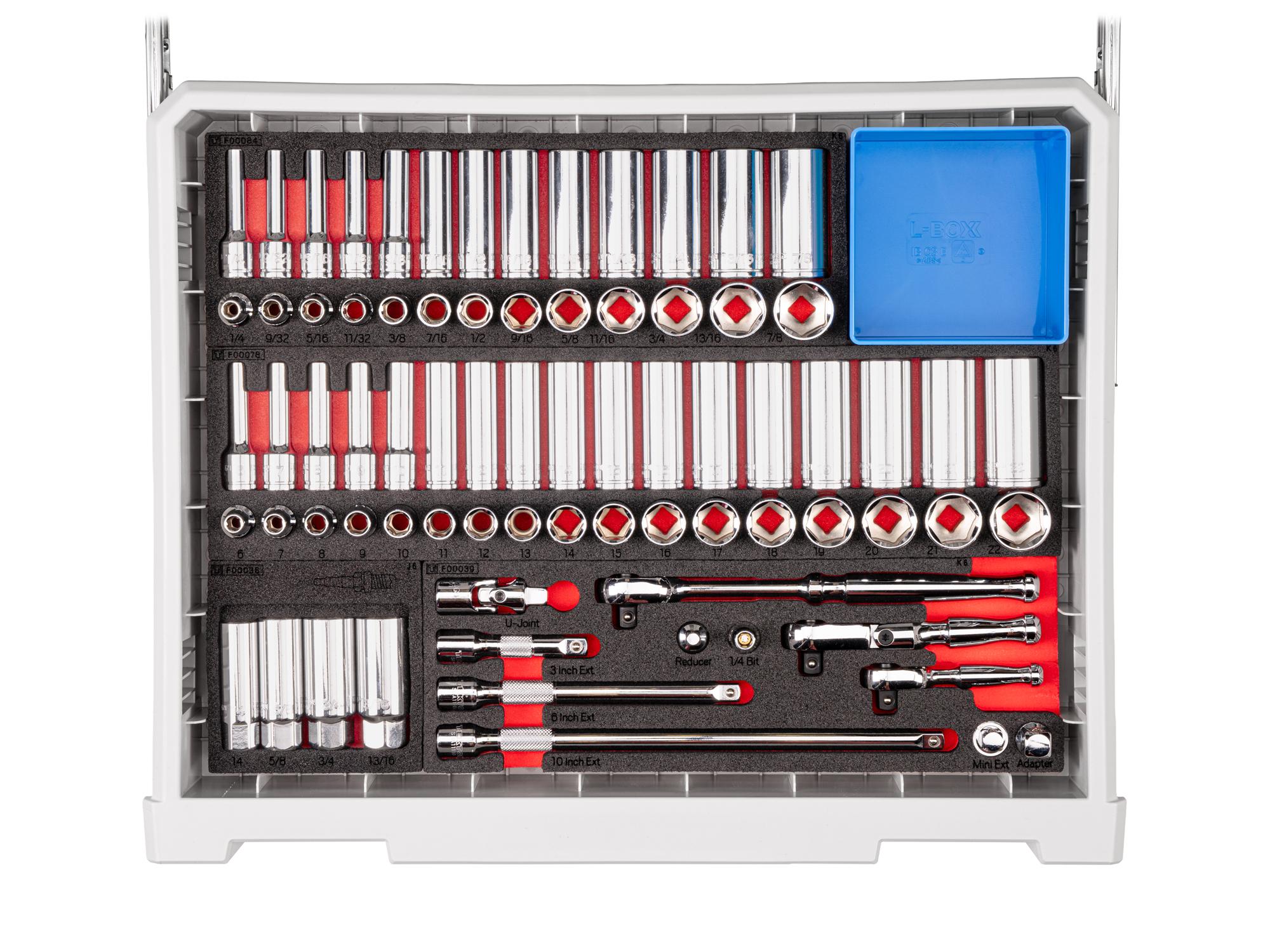 Contents of lunar white Tekton tool set with RIG 5-drawer tool box. RIG99105