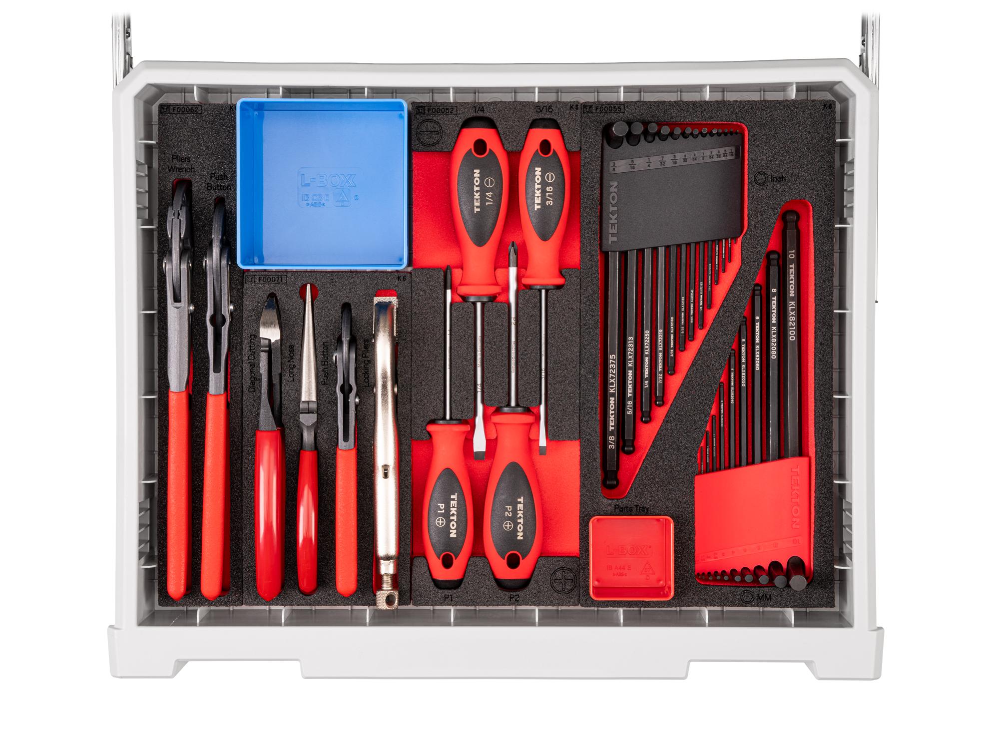 Contents of lunar white Tekton tool set with RIG 5-drawer tool box. RIG99105