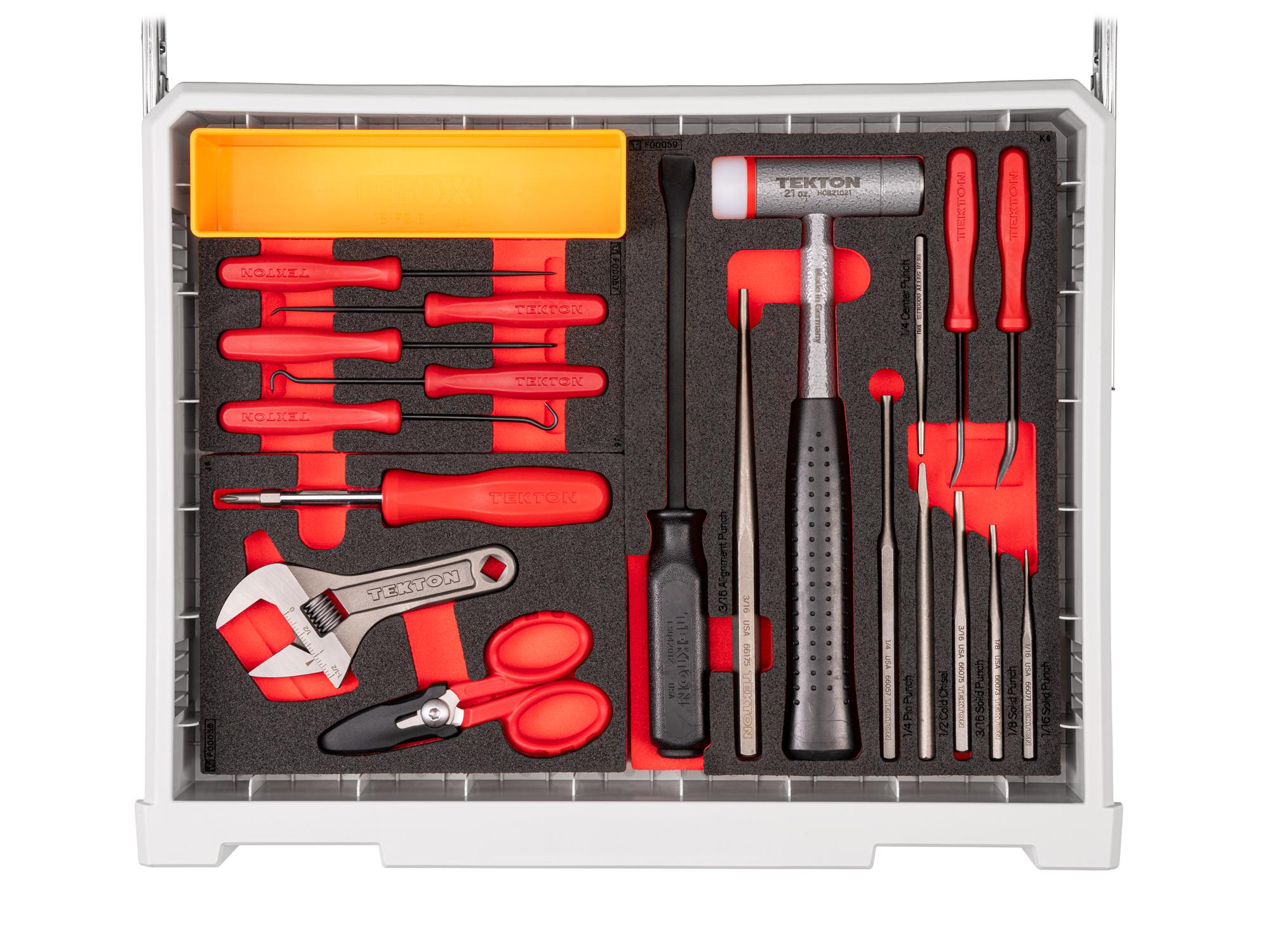 Top view of lunar white Tekton tool set in 10-drawer tool cart. RIG99110