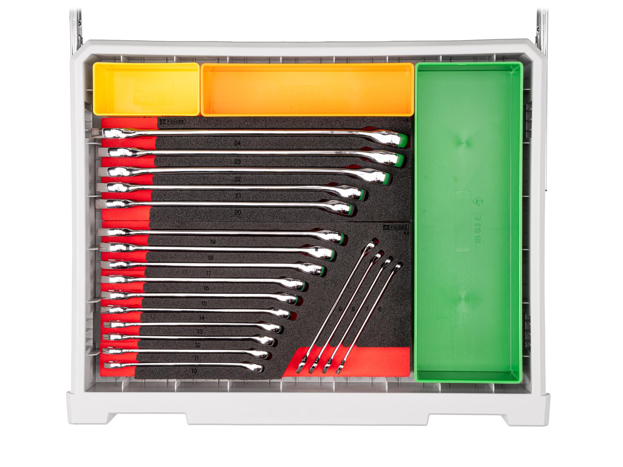 Closeup of lunar white Tekton tool set with RIG 10-drawer tool cart. RIG99110