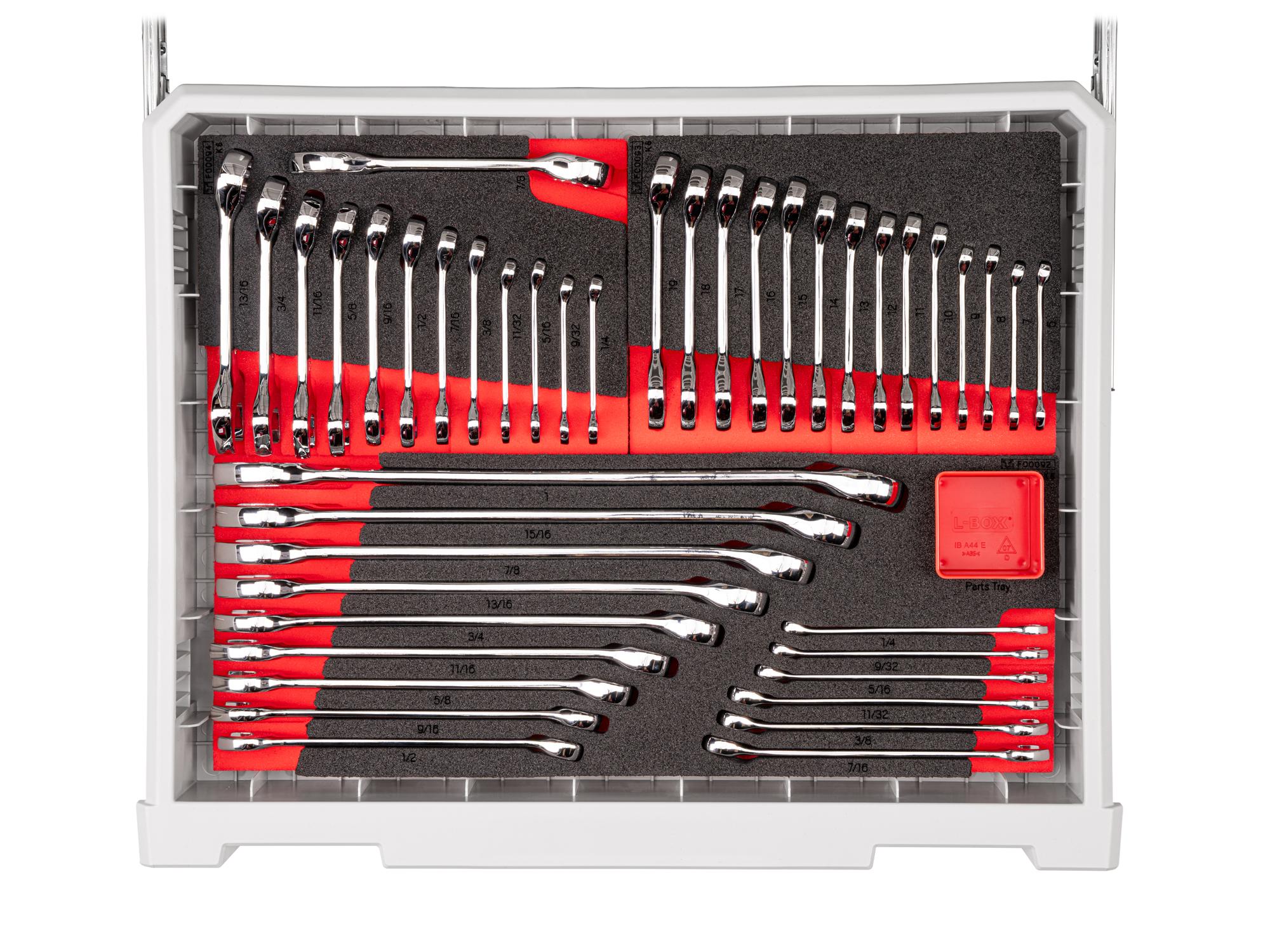 Top view of lunar white Tekton tool set with RIG 10-drawer tool cart. RIG99110